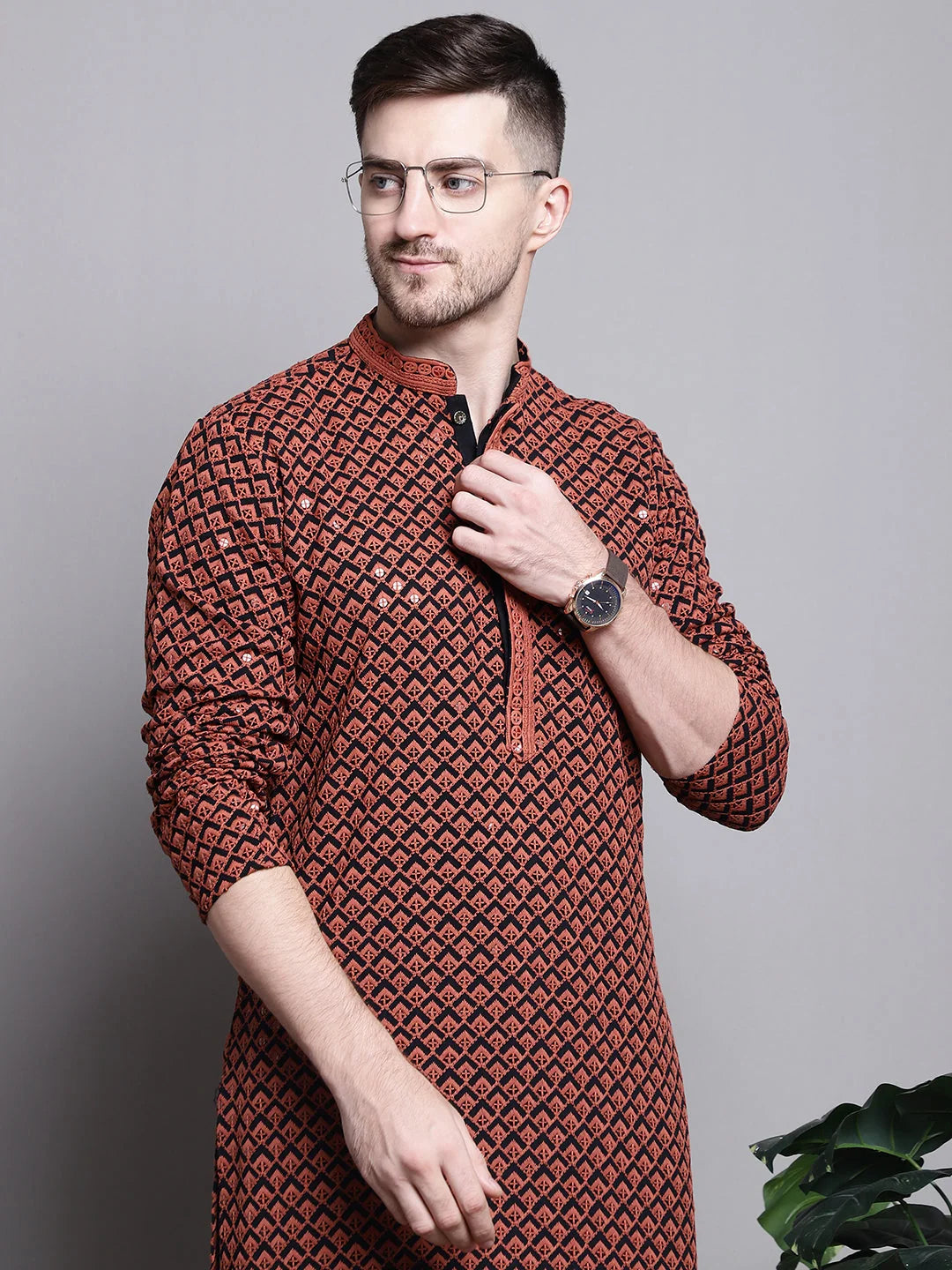 Orange Embroidered Kurta - Mens Kurta Pajama Set in Cotton