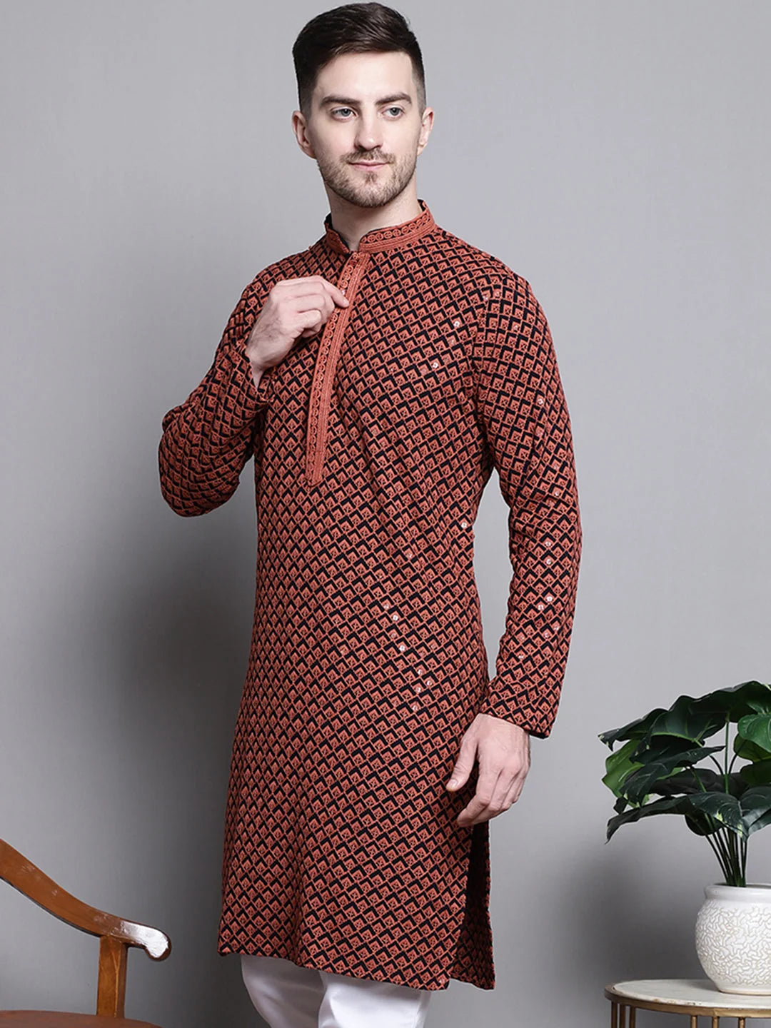 Orange Embroidered Kurta - Mens Kurta Pajama Set in Cotton