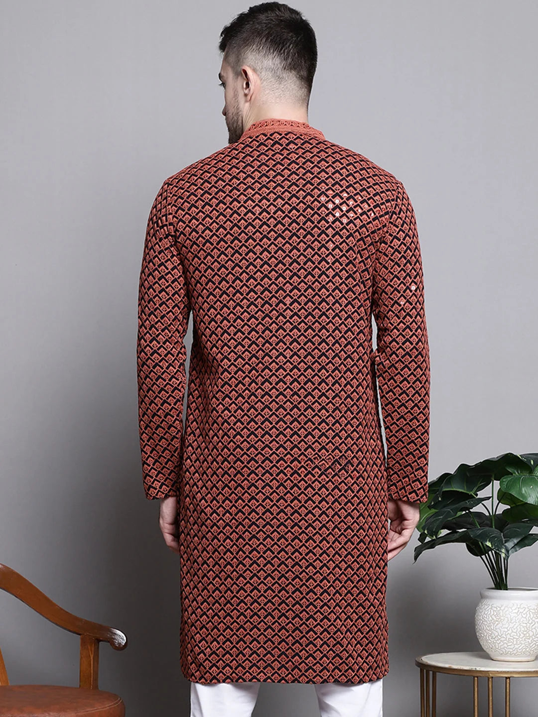 Orange Embroidered Kurta - Mens Kurta Pajama Set in Cotton