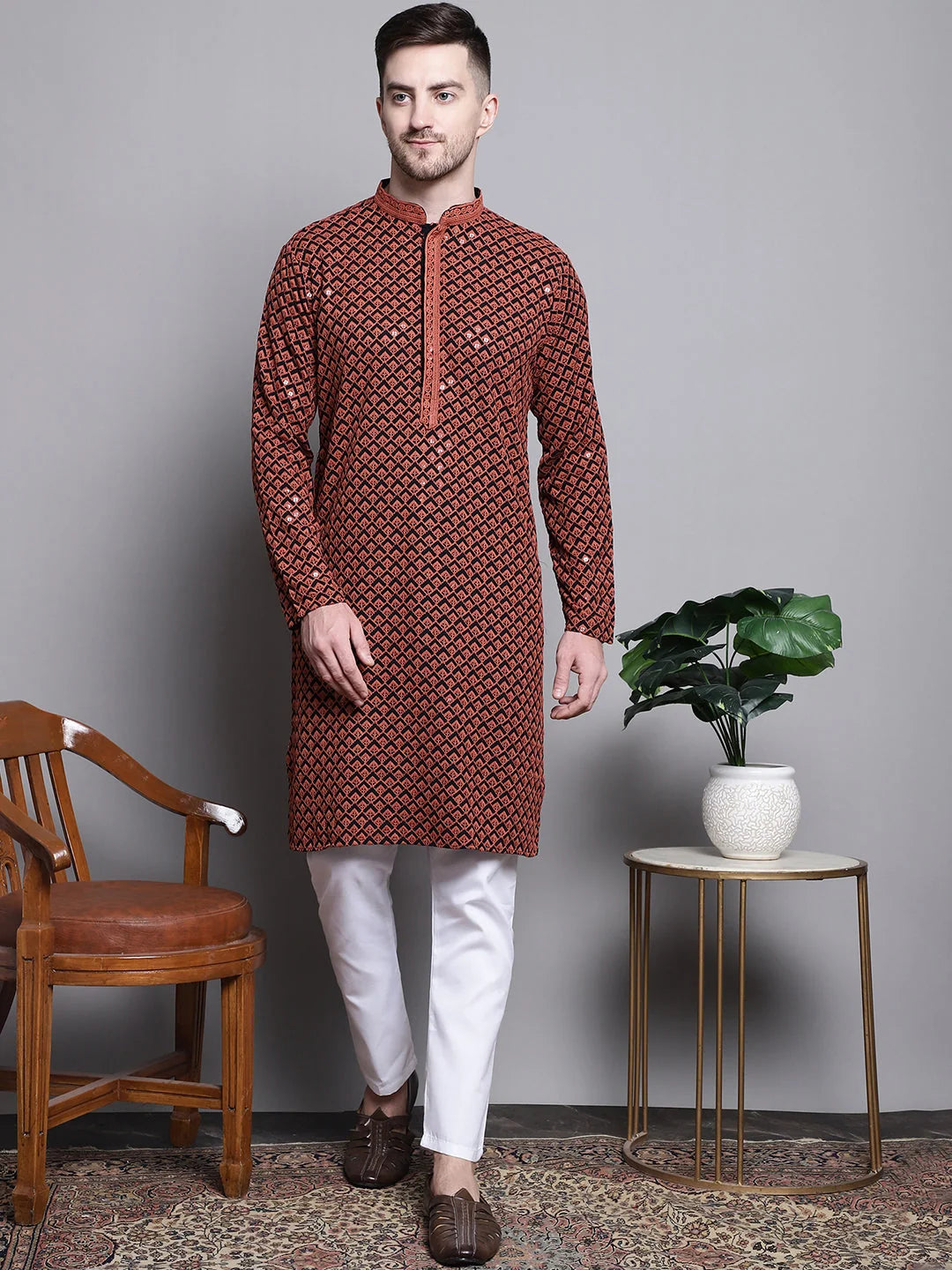 Orange Embroidered Kurta - Mens Kurta Pajama Set in Cotton
