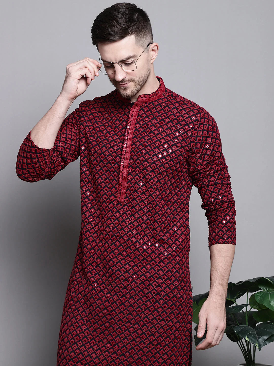 Red Embroidered Cotton Kurta - Mens Kurta Pajama Set Online