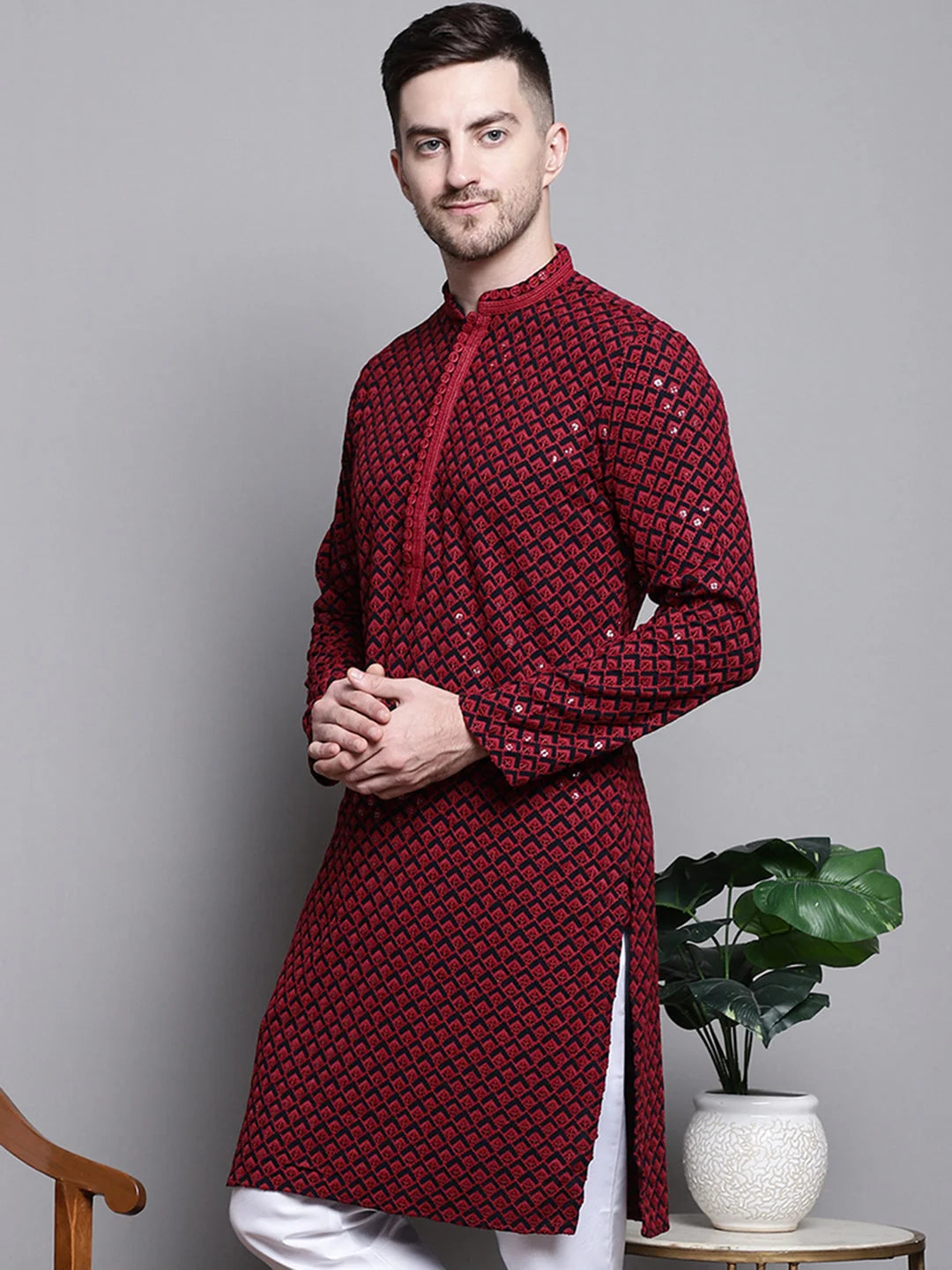 Red Embroidered Cotton Kurta - Mens Kurta Pajama Set Online