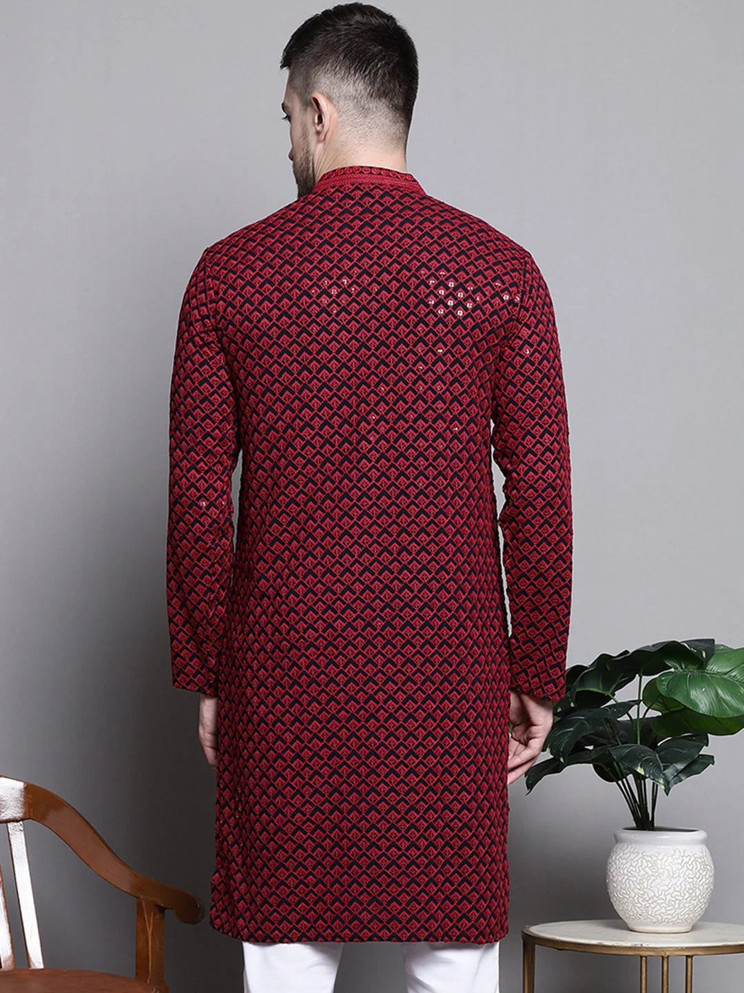 Red Embroidered Cotton Kurta - Mens Kurta Pajama Set Online