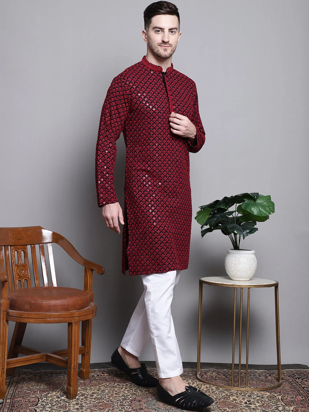 Red Embroidered Cotton Kurta - Mens Kurta Pajama Set Online