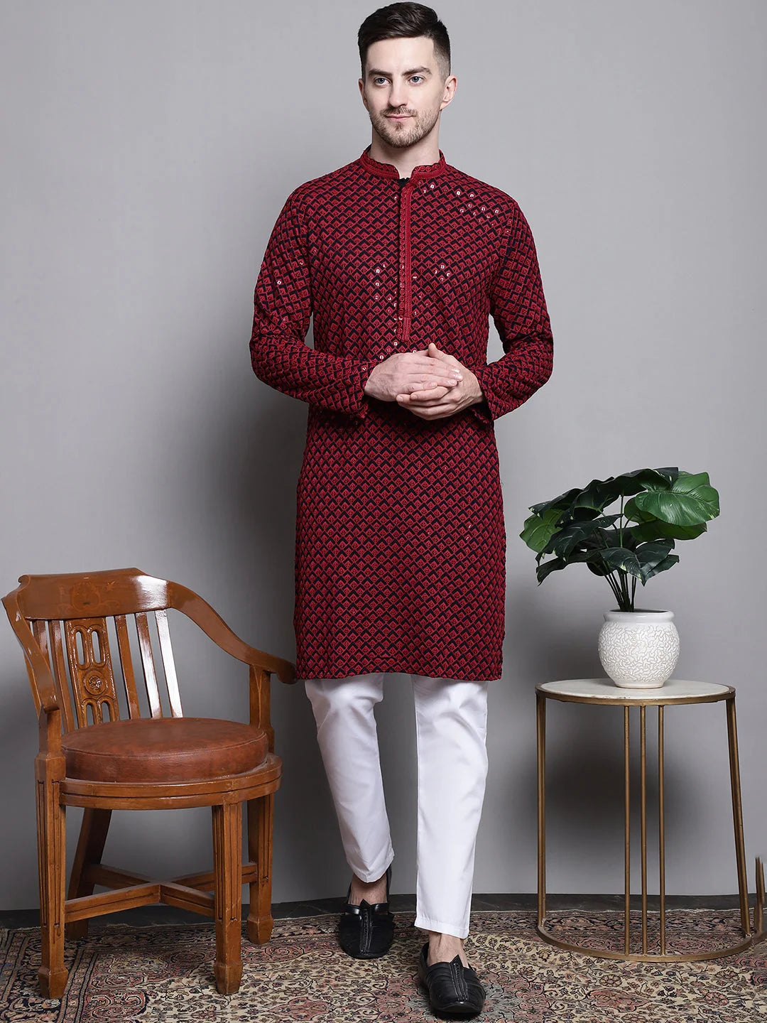 Red Embroidered Cotton Kurta - Mens Kurta Pajama Set Online