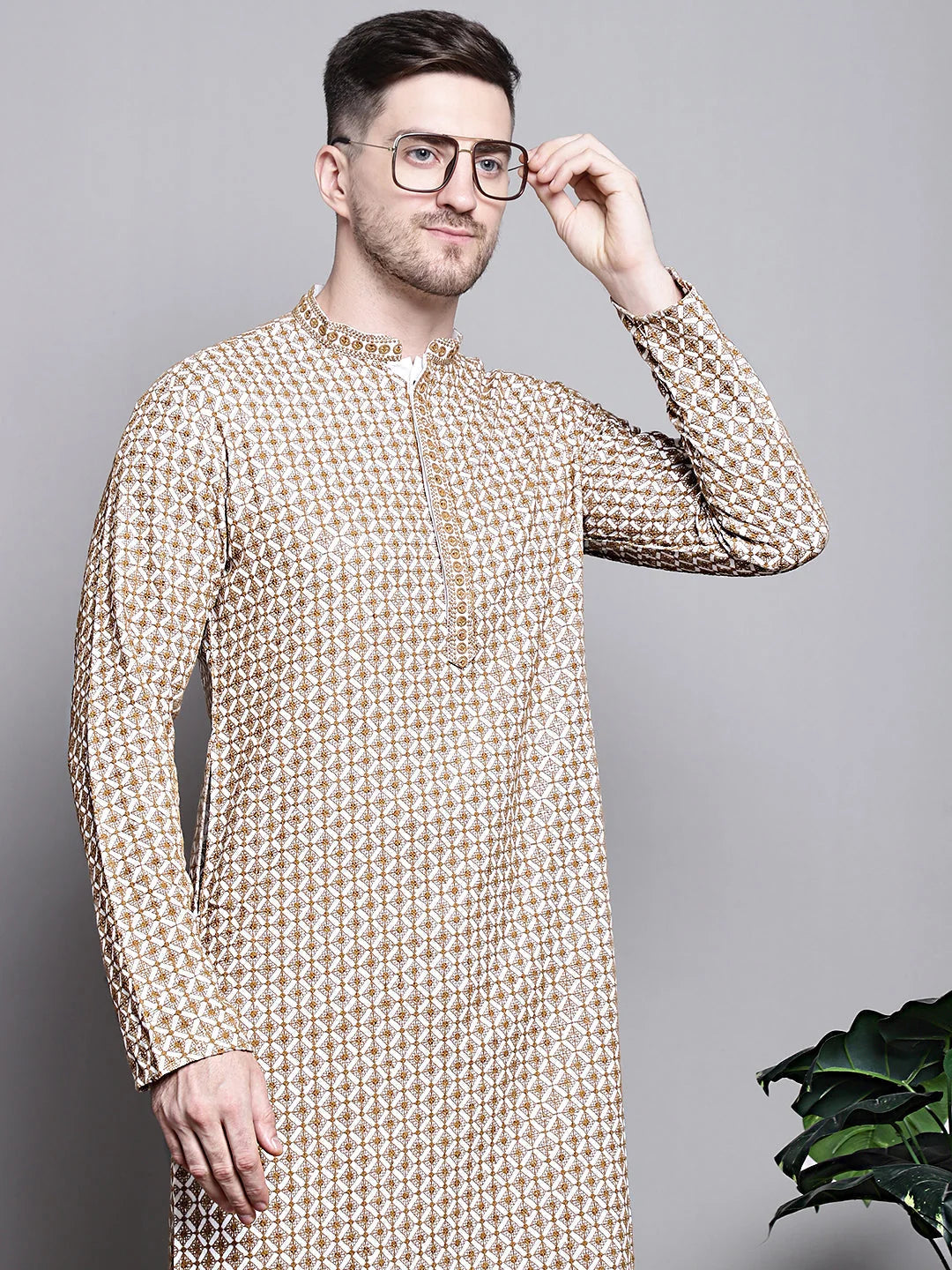 Cream Sequin Embroidered Cotton Kurta | Mens Kurta Pajama Set