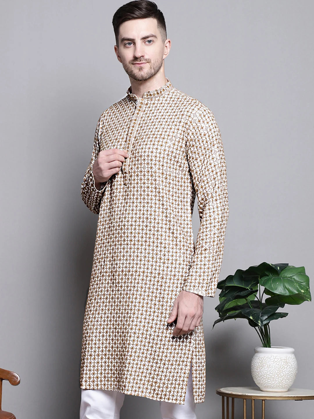 Cream Sequin Embroidered Cotton Kurta | Mens Kurta Pajama Set