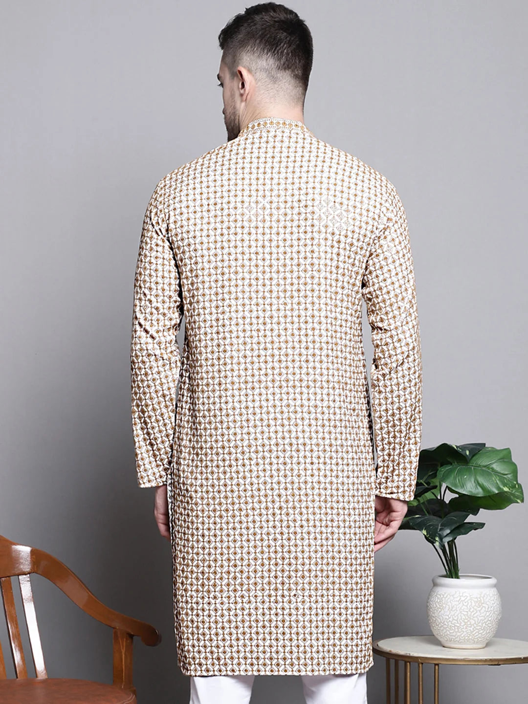 Cream Sequin Embroidered Cotton Kurta | Mens Kurta Pajama Set