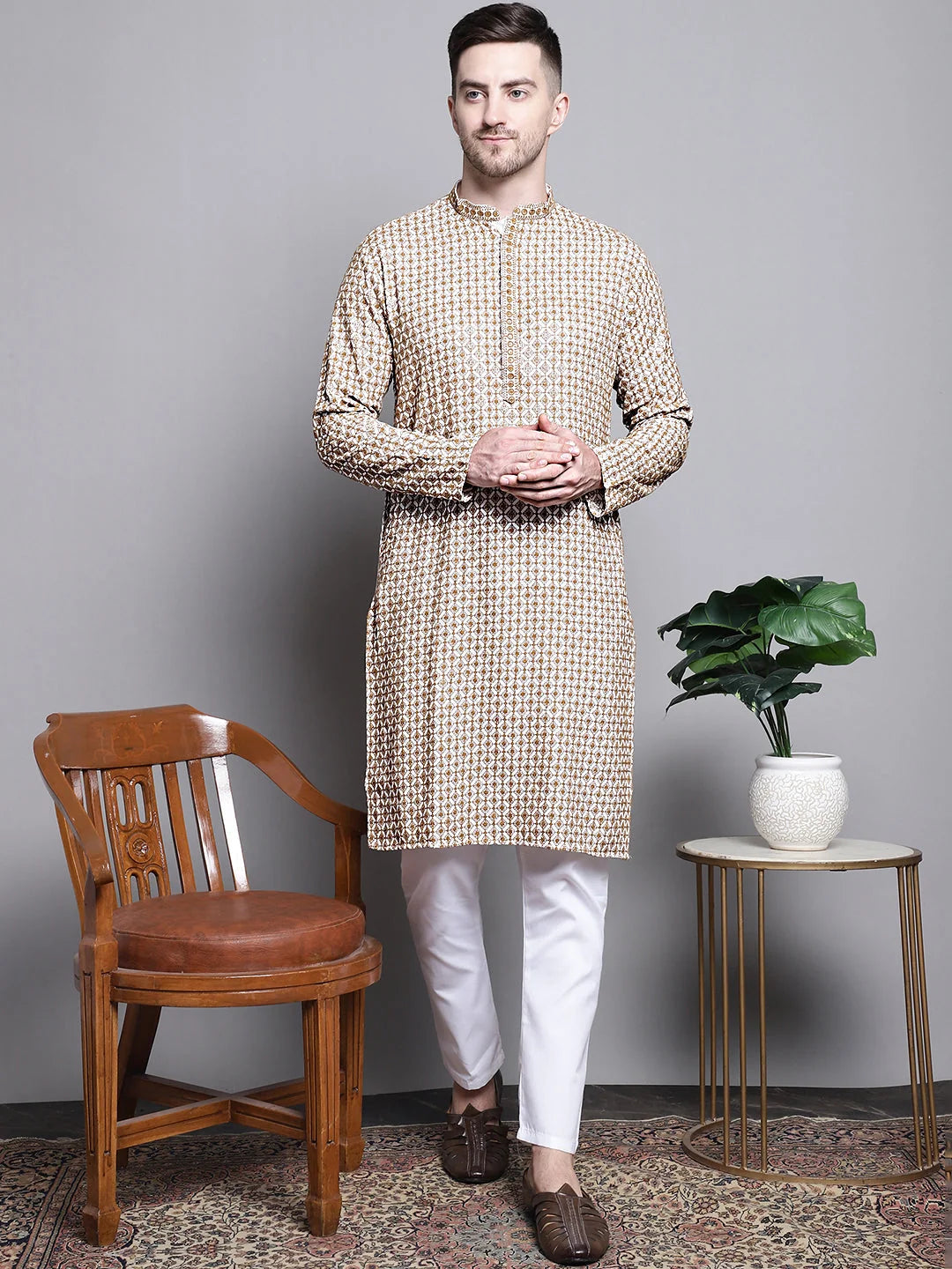 Cream Sequin Embroidered Cotton Kurta | Mens Kurta Pajama Set