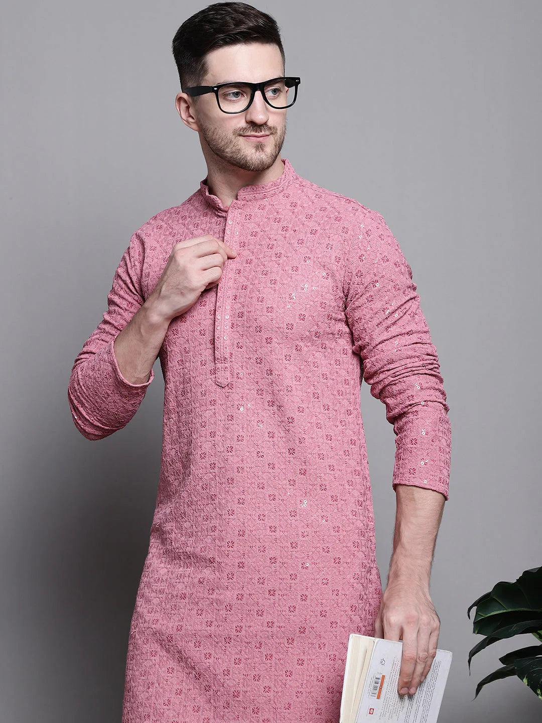 Coral Sequin Embroidered Cotton Kurta | Mens Kurta Pajama Set