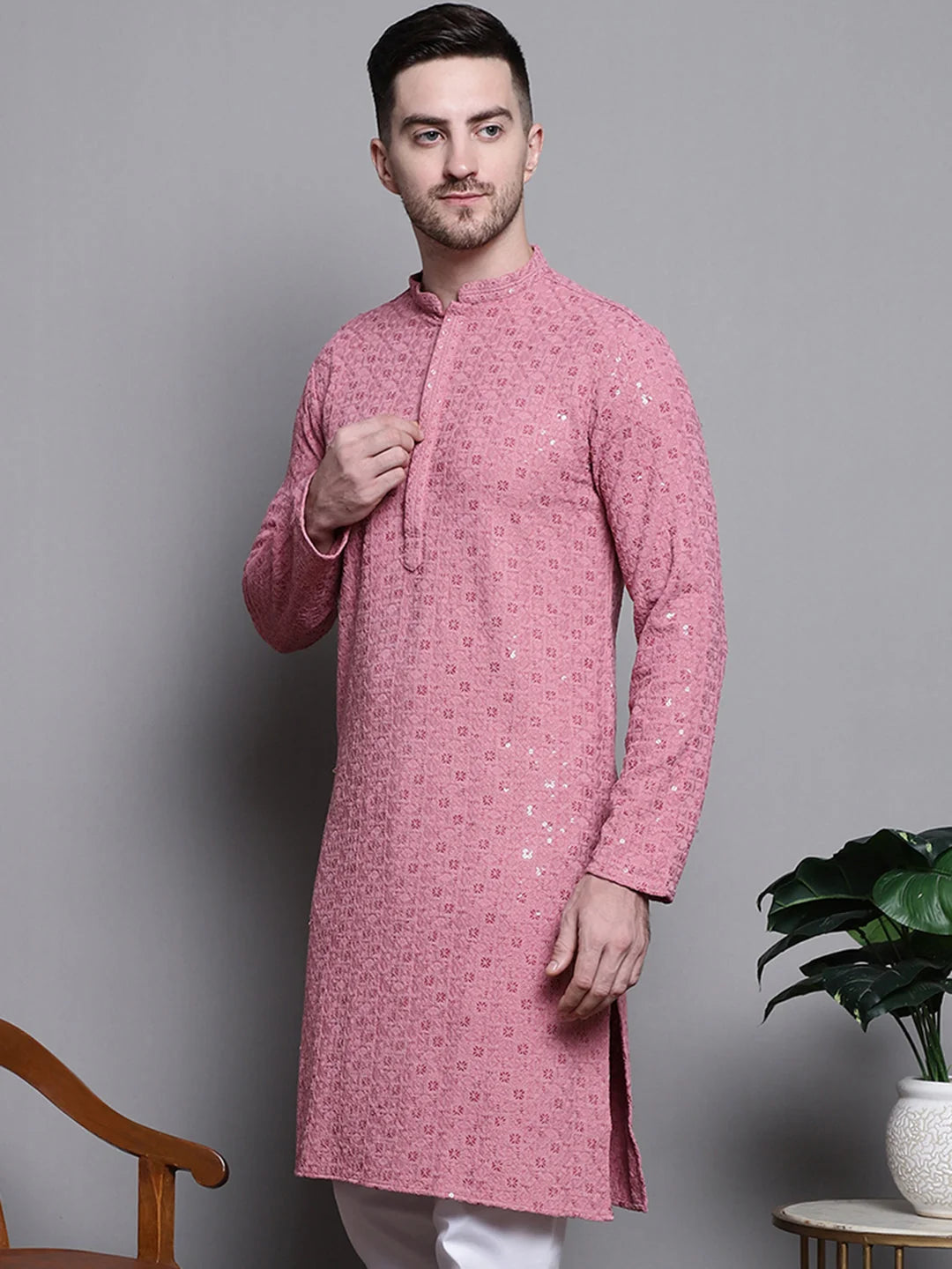 Coral Sequin Embroidered Cotton Kurta | Mens Kurta Pajama Set