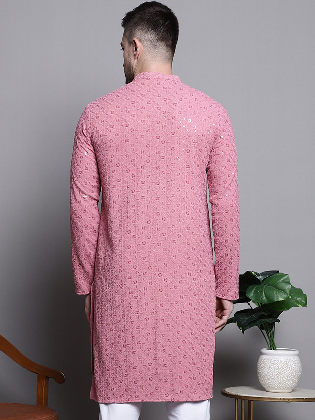 Coral Sequin Embroidered Cotton Kurta | Mens Kurta Pajama Set
