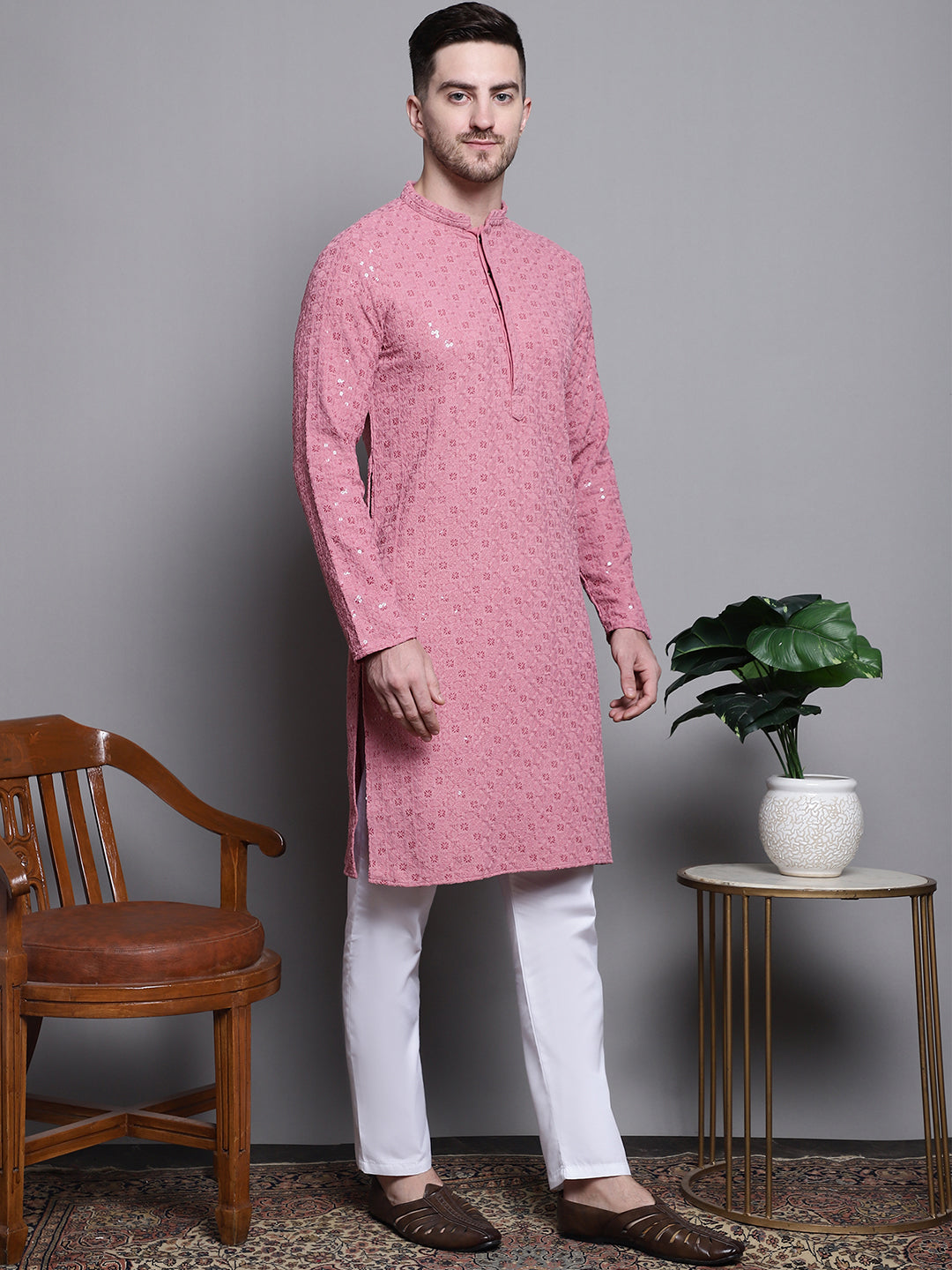 Coral Sequin Embroidered Cotton Kurta | Mens Kurta Pajama Set