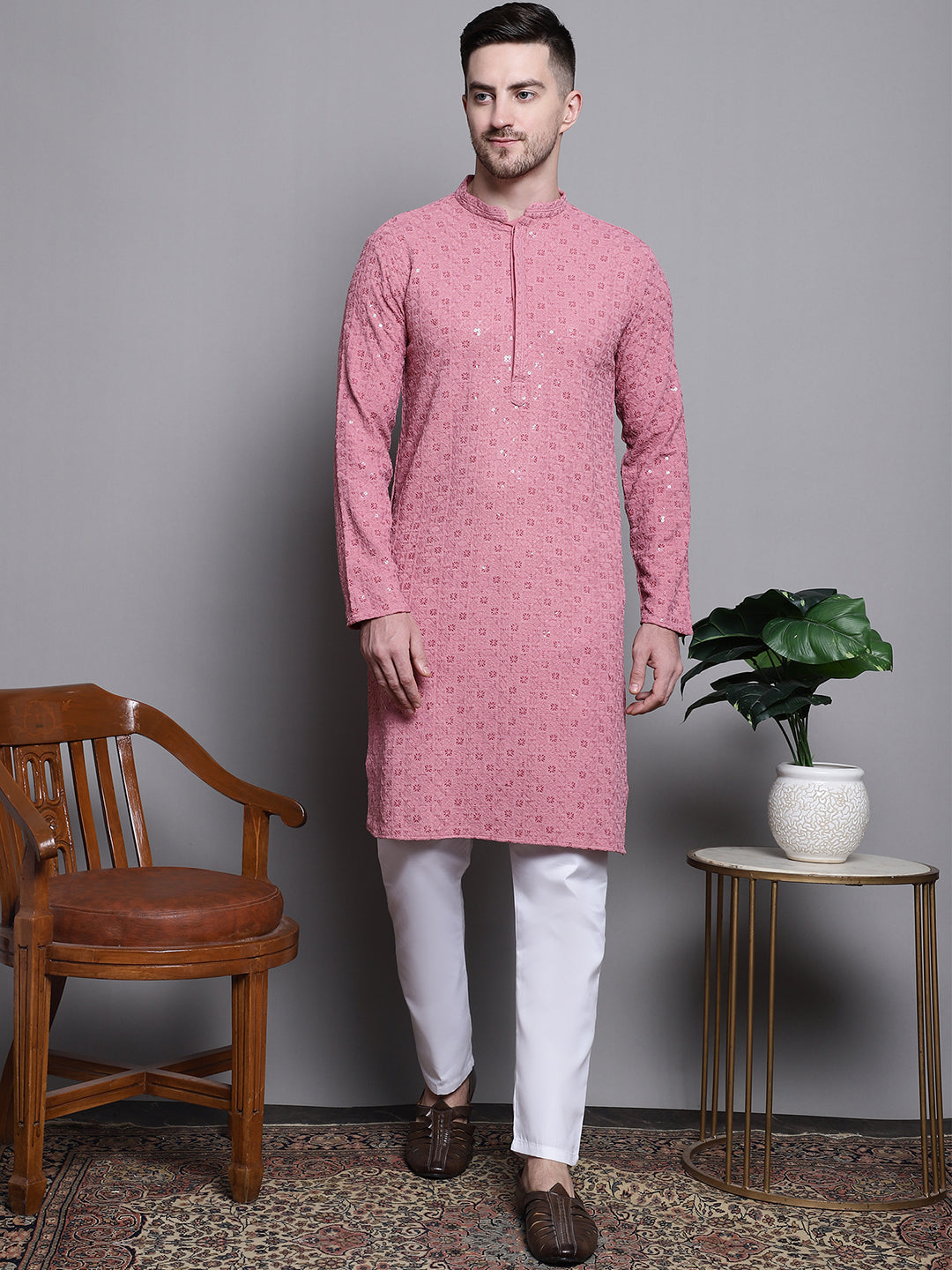 Coral Sequin Embroidered Cotton Kurta | Mens Kurta Pajama Set
