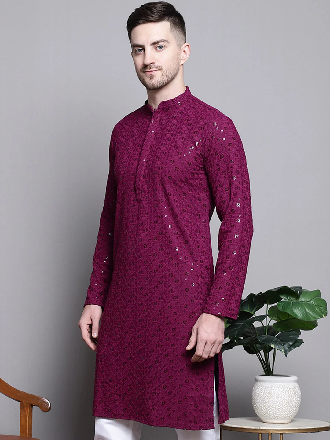 Purple Embroidered Cotton Kurta - Buy Kurta Pajama Online Now