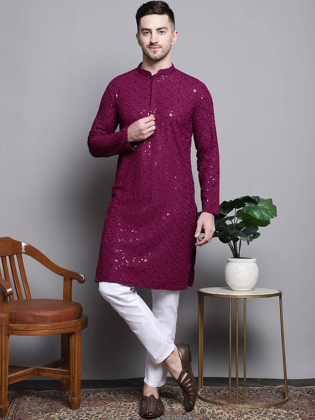 Purple Embroidered Cotton Kurta - Buy Kurta Pajama Online Now