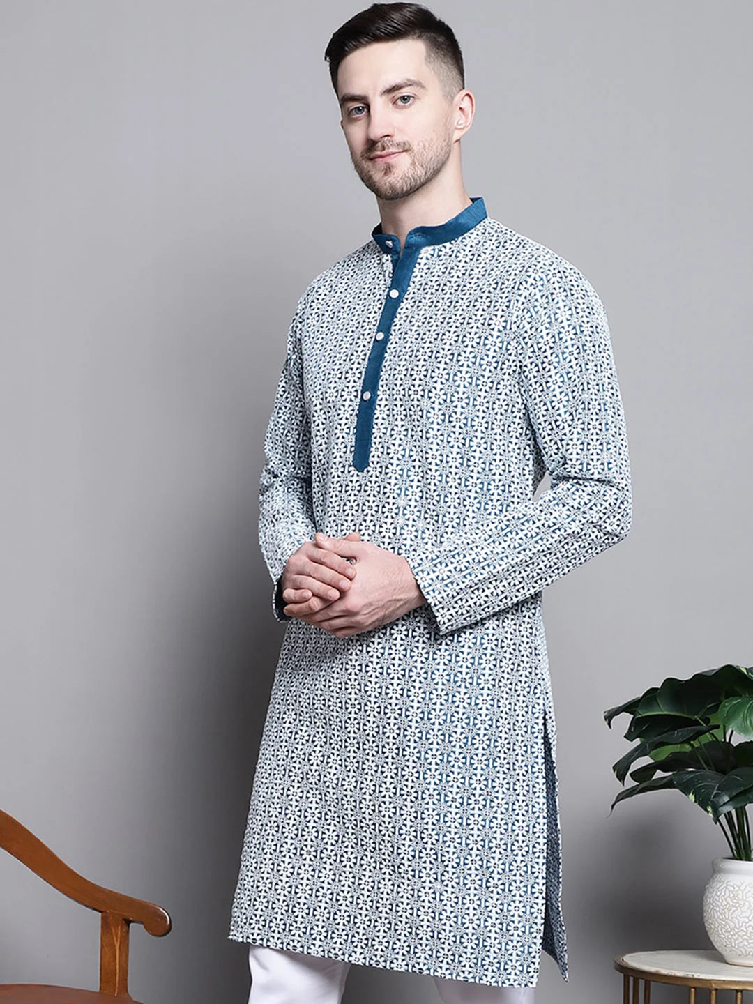 Sequin Embroidered Cotton Mens Kurta | Indian Kurta for Men