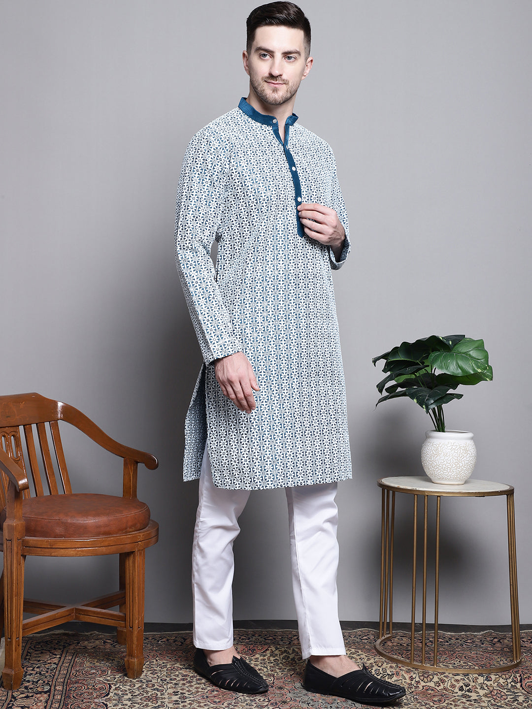 Sequin Embroidered Cotton Mens Kurta | Indian Kurta for Men