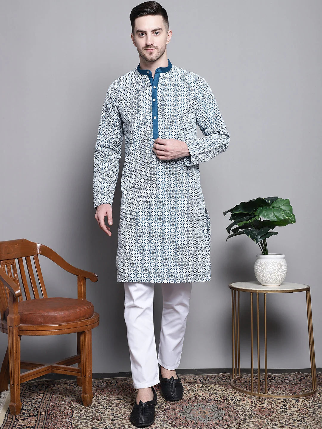 Sequin Embroidered Cotton Mens Kurta | Indian Kurta for Men