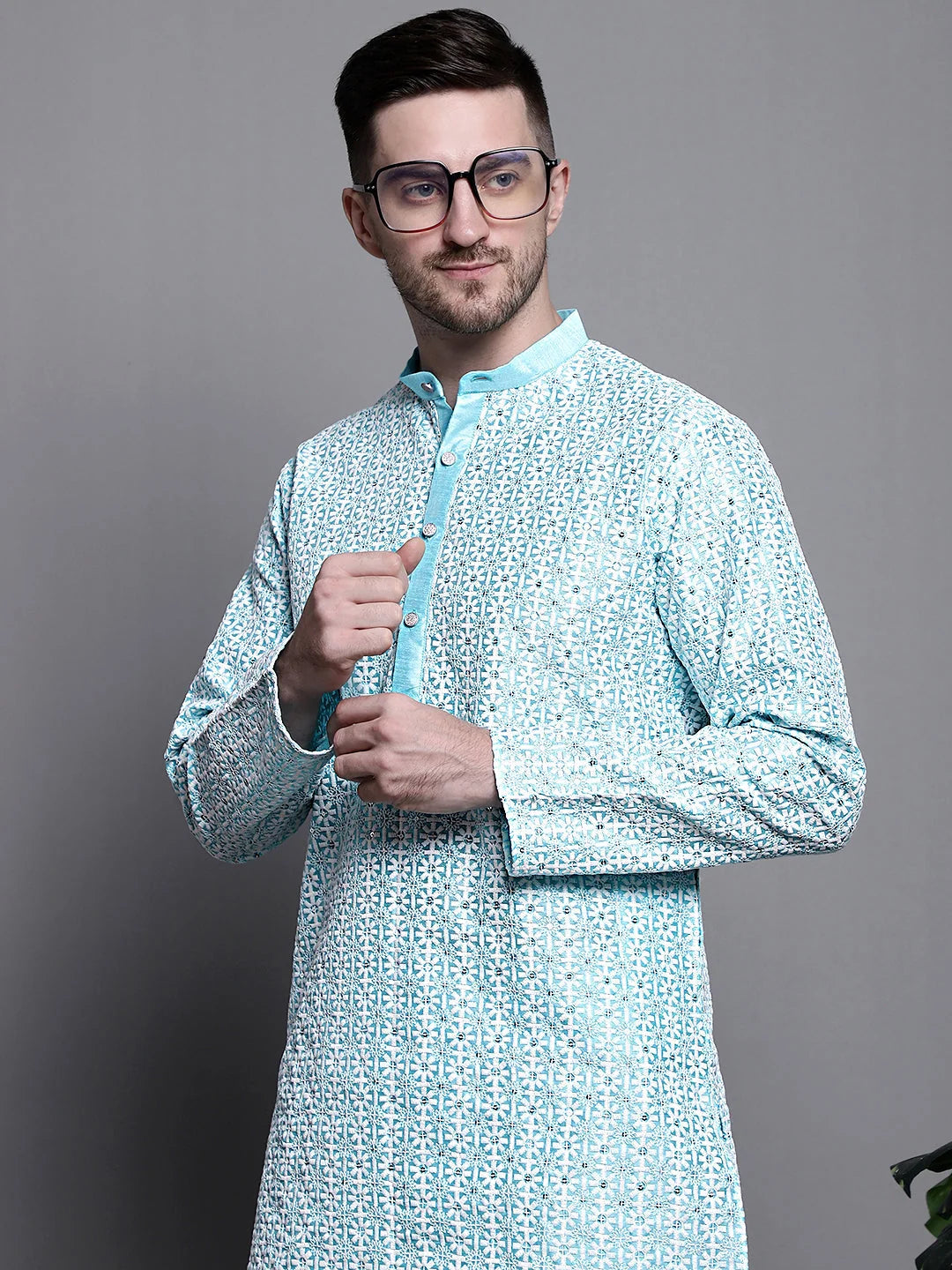 Turquoise Sequin Embroidered Kurta - Mens Kurta Pajama Set