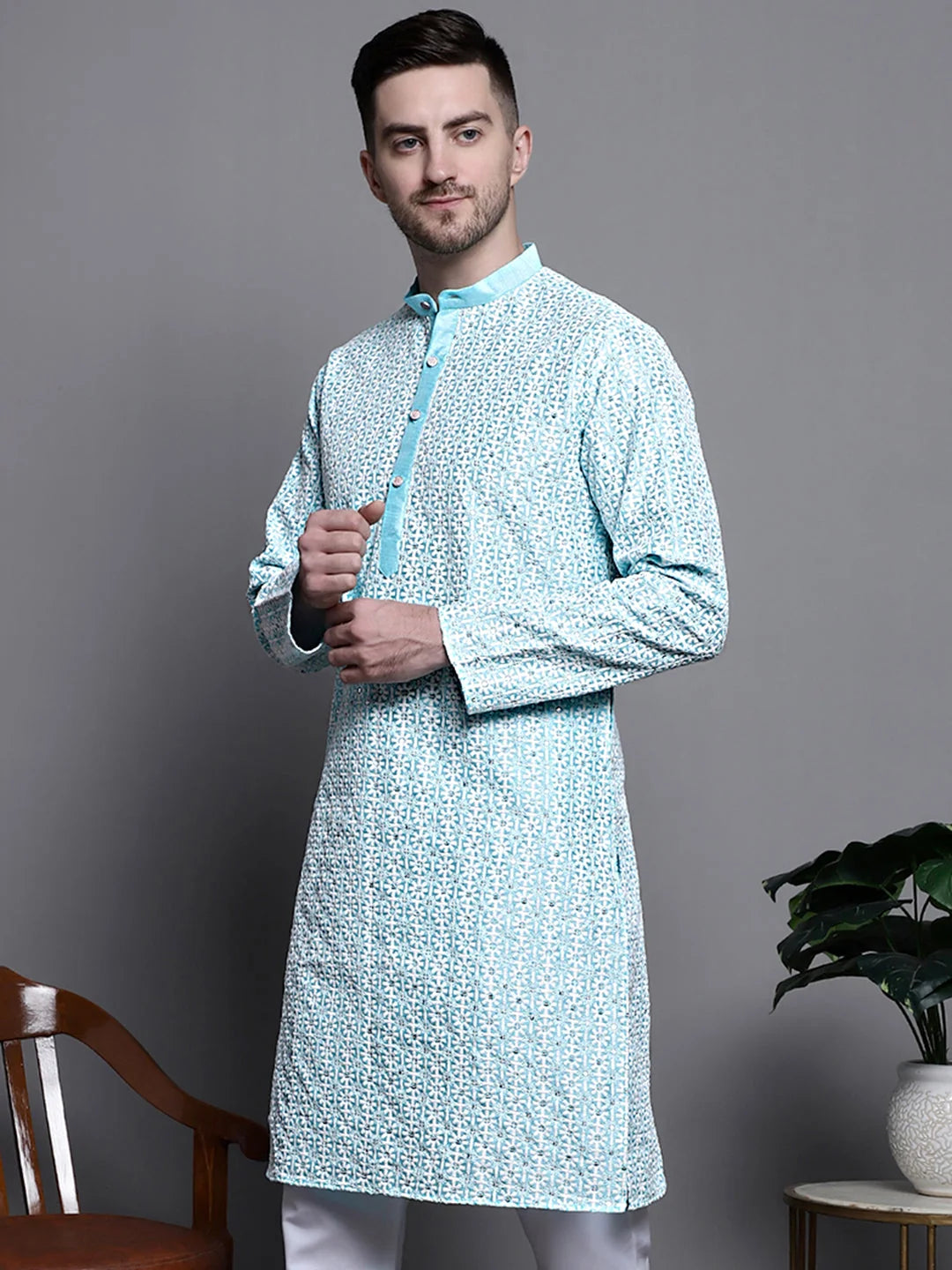 Turquoise Sequin Embroidered Kurta - Mens Kurta Pajama Set