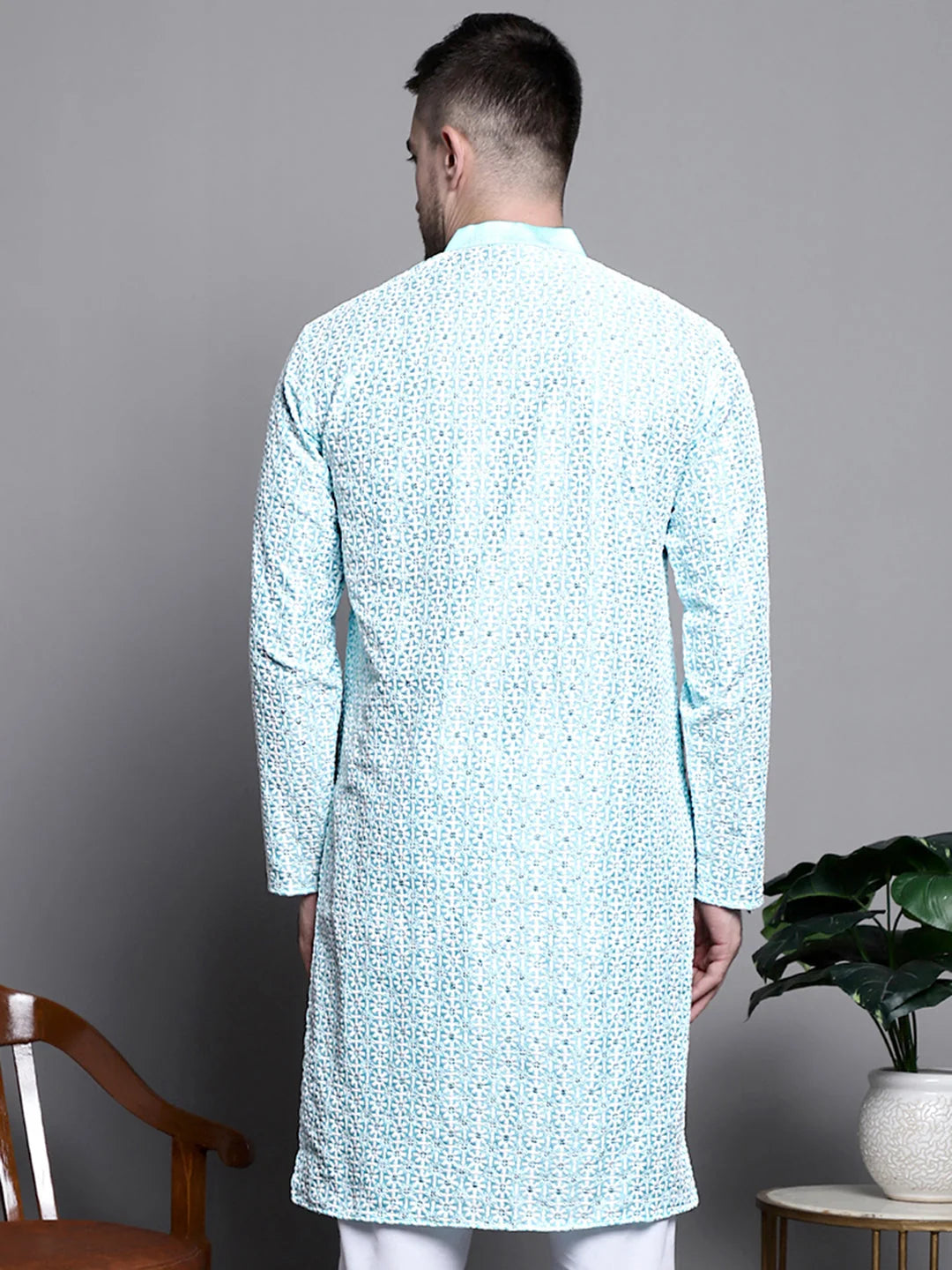 Turquoise Sequin Embroidered Kurta - Mens Kurta Pajama Set