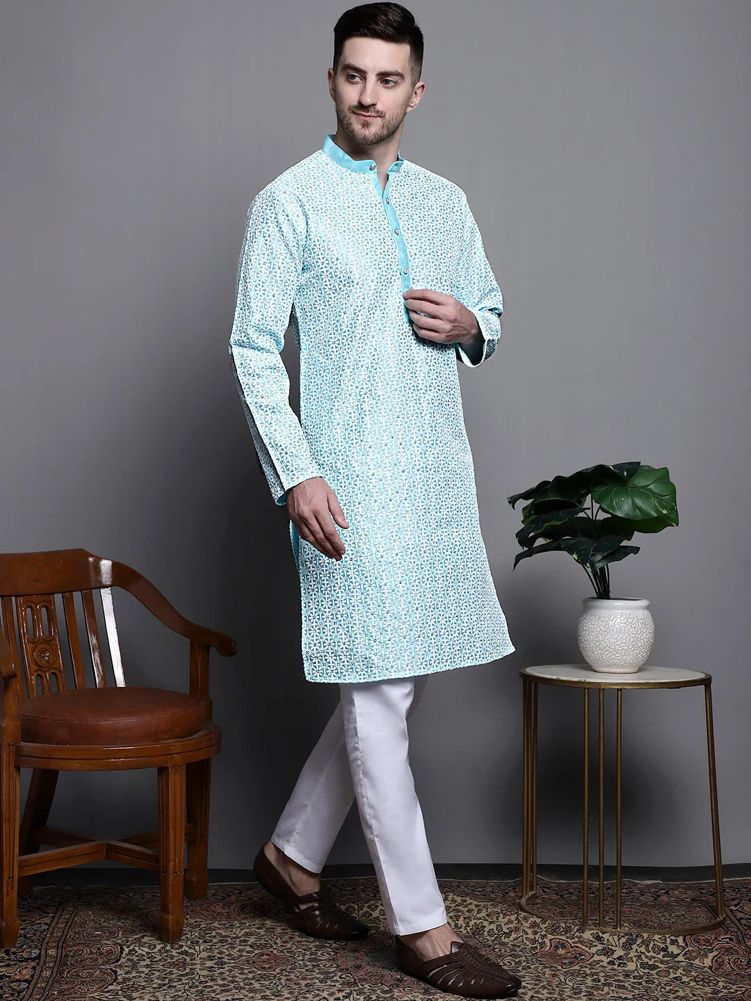 Turquoise Sequin Embroidered Kurta - Mens Kurta Pajama Set