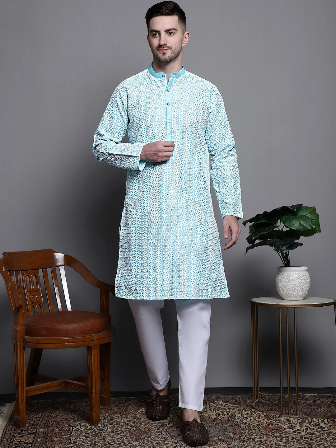 Turquoise Sequin Embroidered Kurta - Mens Kurta Pajama Set