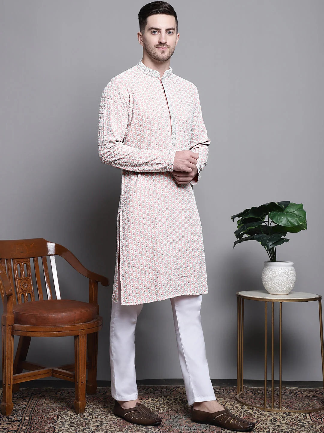 Stylish Sequin Embroidered Cotton Mens Kurta - Indian Kurta
