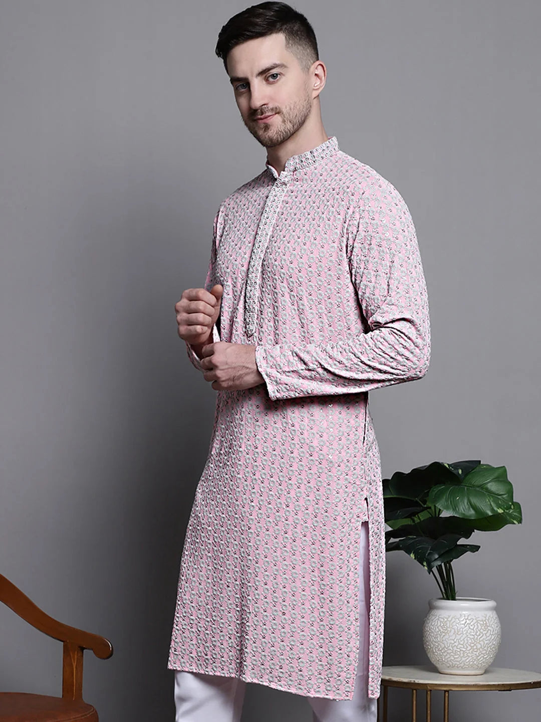 Pink Sequin Embroidered Cotton Kurta | Kurta Pajama Style