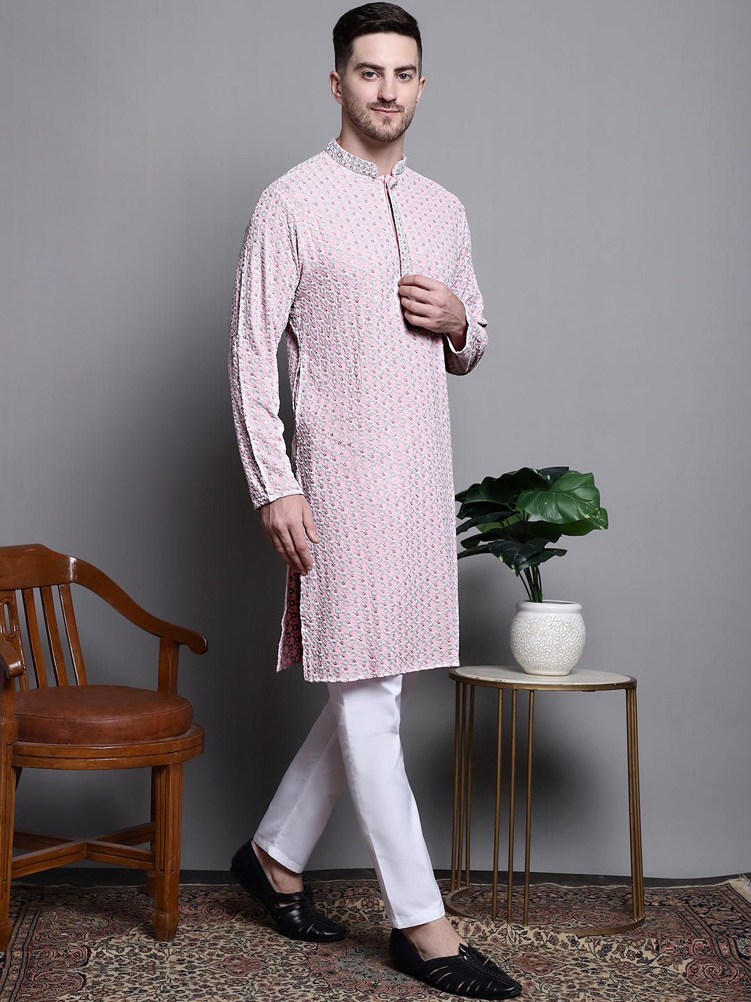 Pink Sequin Embroidered Cotton Kurta | Kurta Pajama Style