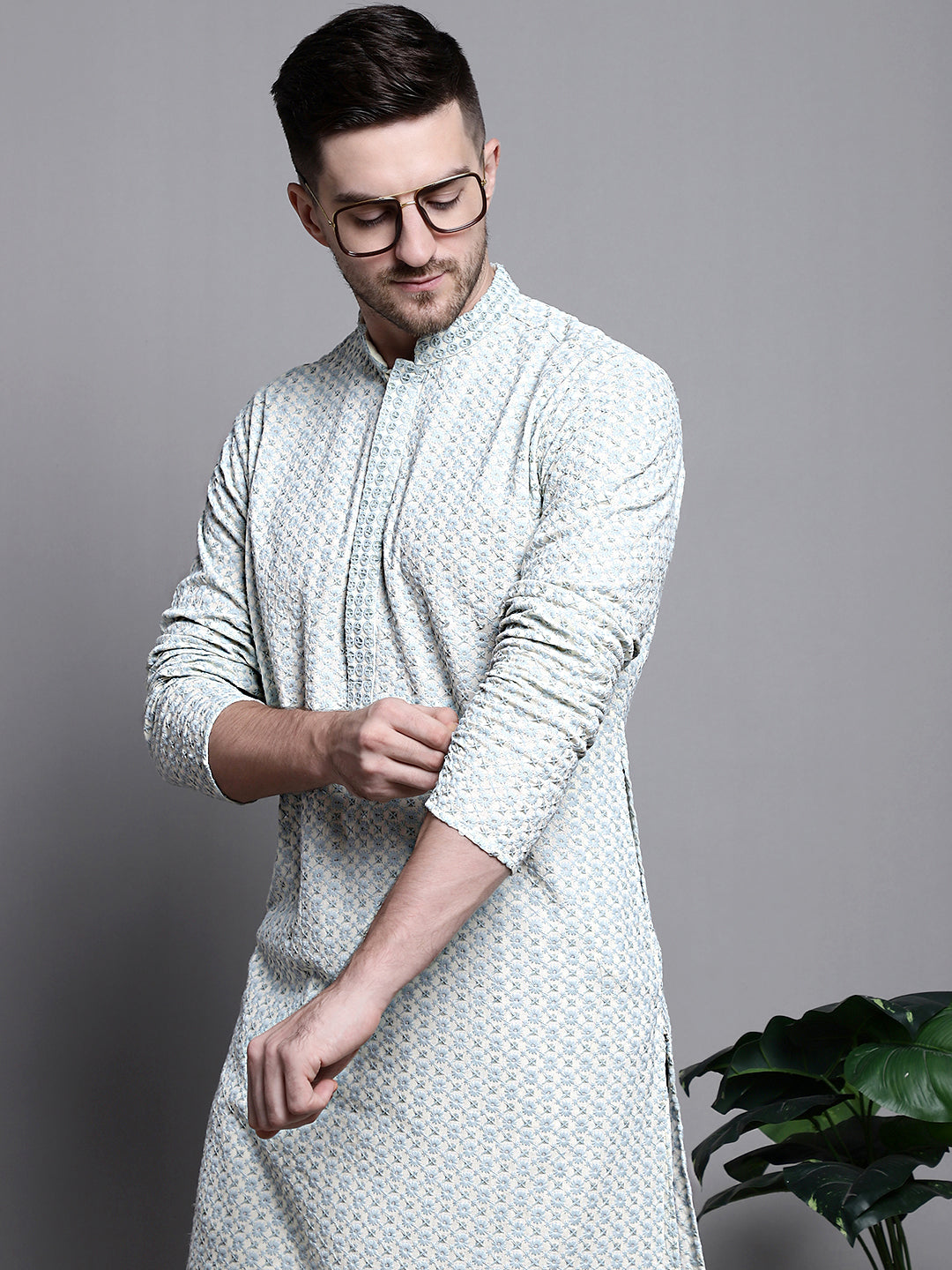 Sequin Embroidered Cotton Mens Kurta - Indian Kurta for Men