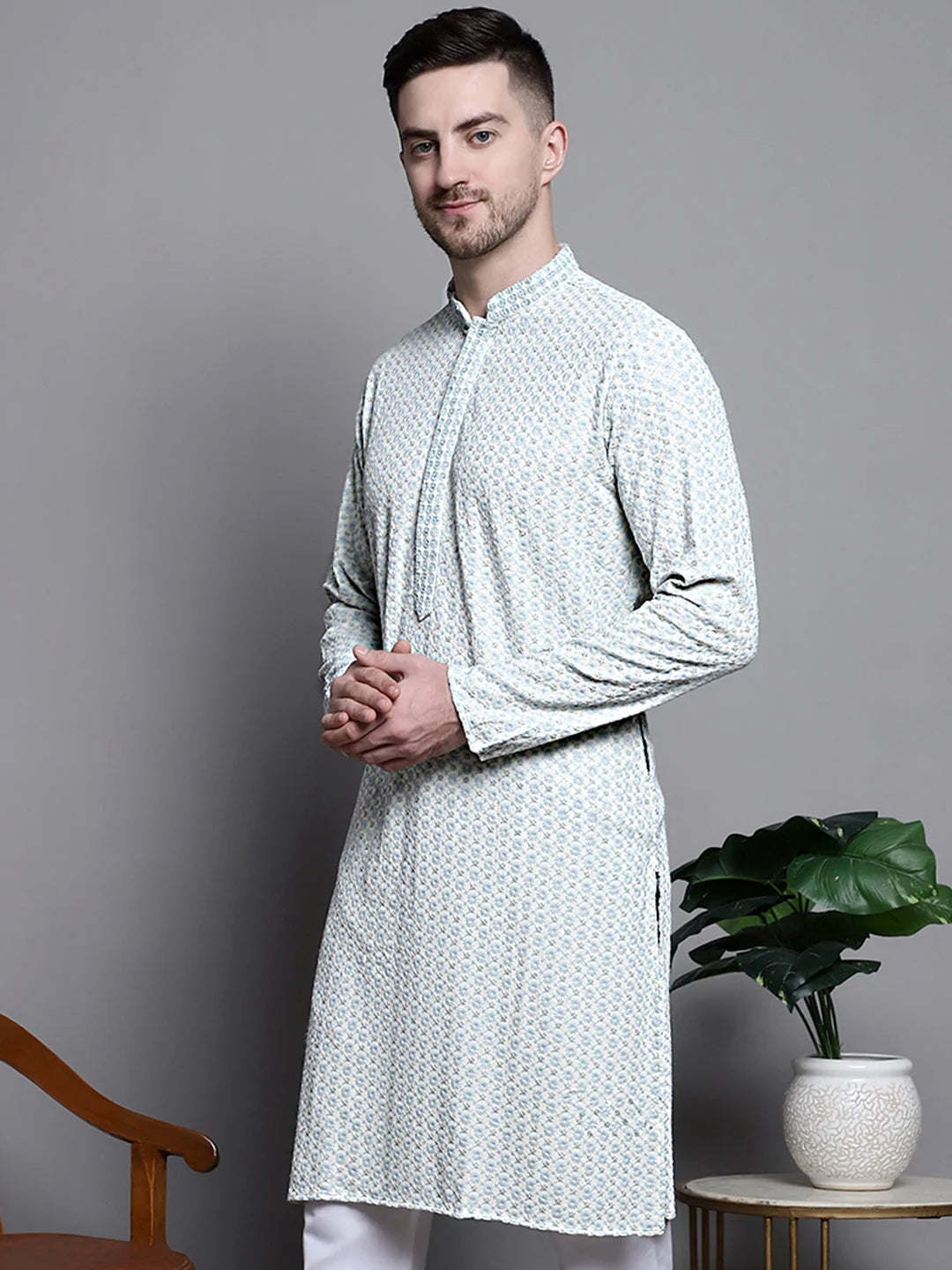 Sequin Embroidered Cotton Mens Kurta - Indian Kurta for Men
