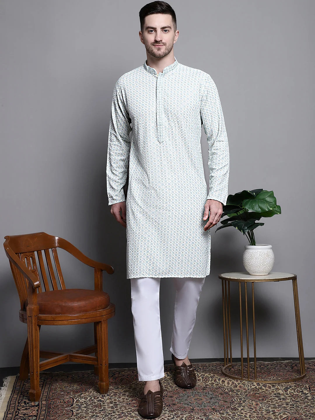 Sequin Embroidered Cotton Mens Kurta - Indian Kurta for Men