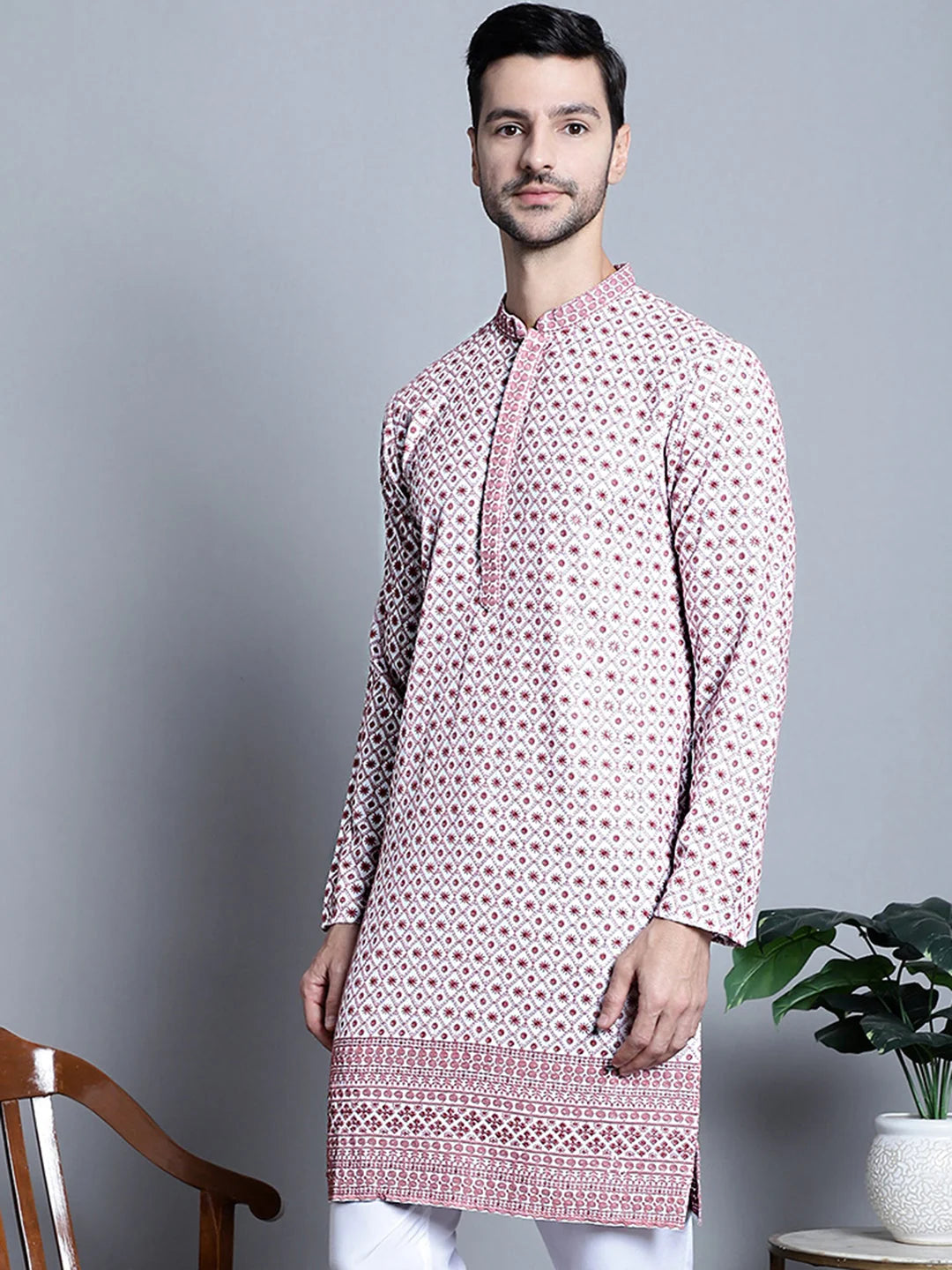 Men's Chikankari Kurta - Embroidered Rayon Indian Kurta