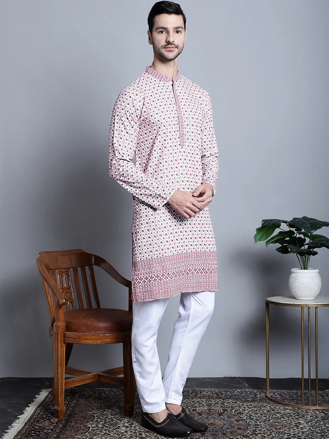 Men's Chikankari Kurta - Embroidered Rayon Indian Kurta