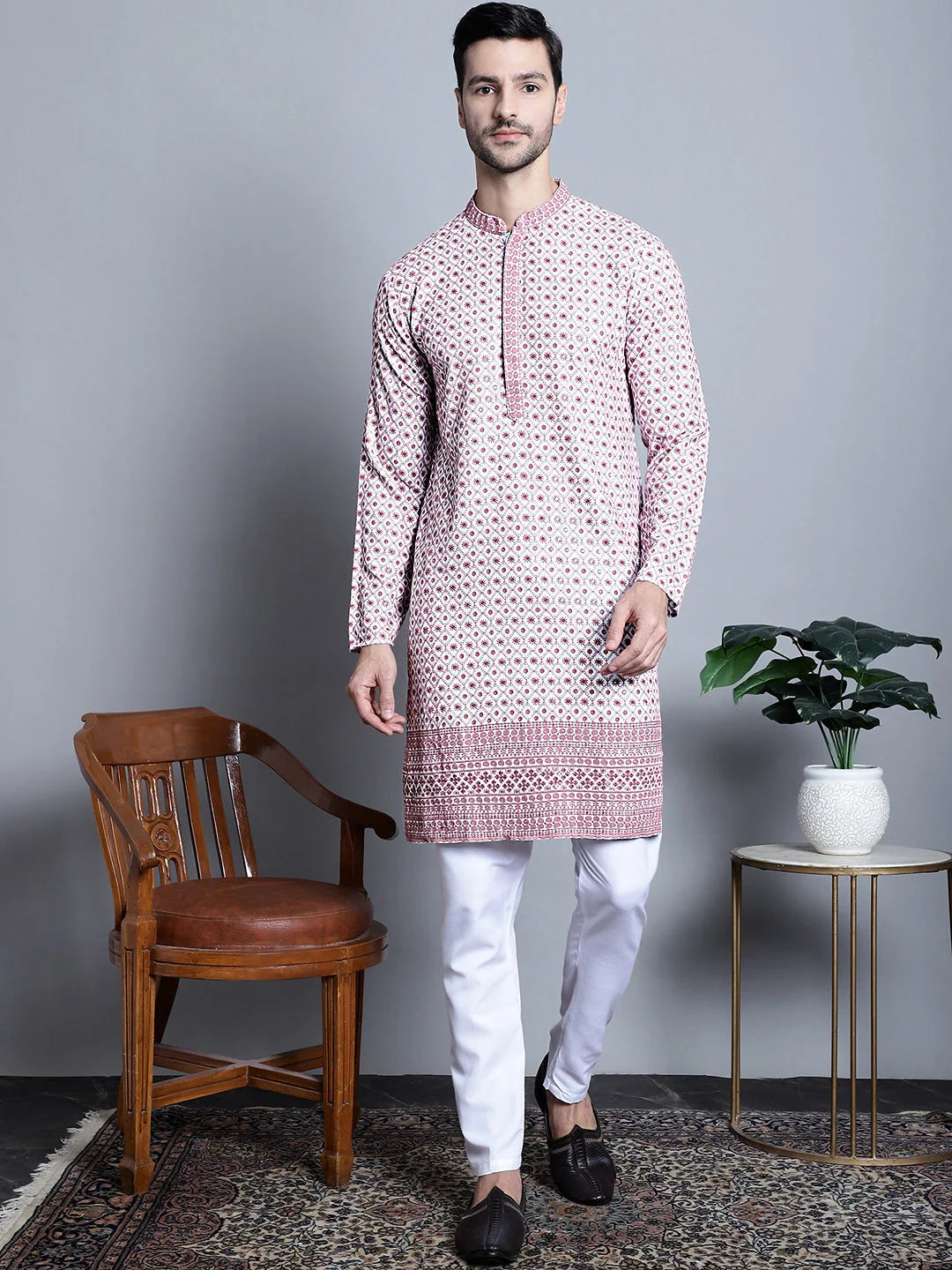 Men's Chikankari Kurta - Embroidered Rayon Indian Kurta