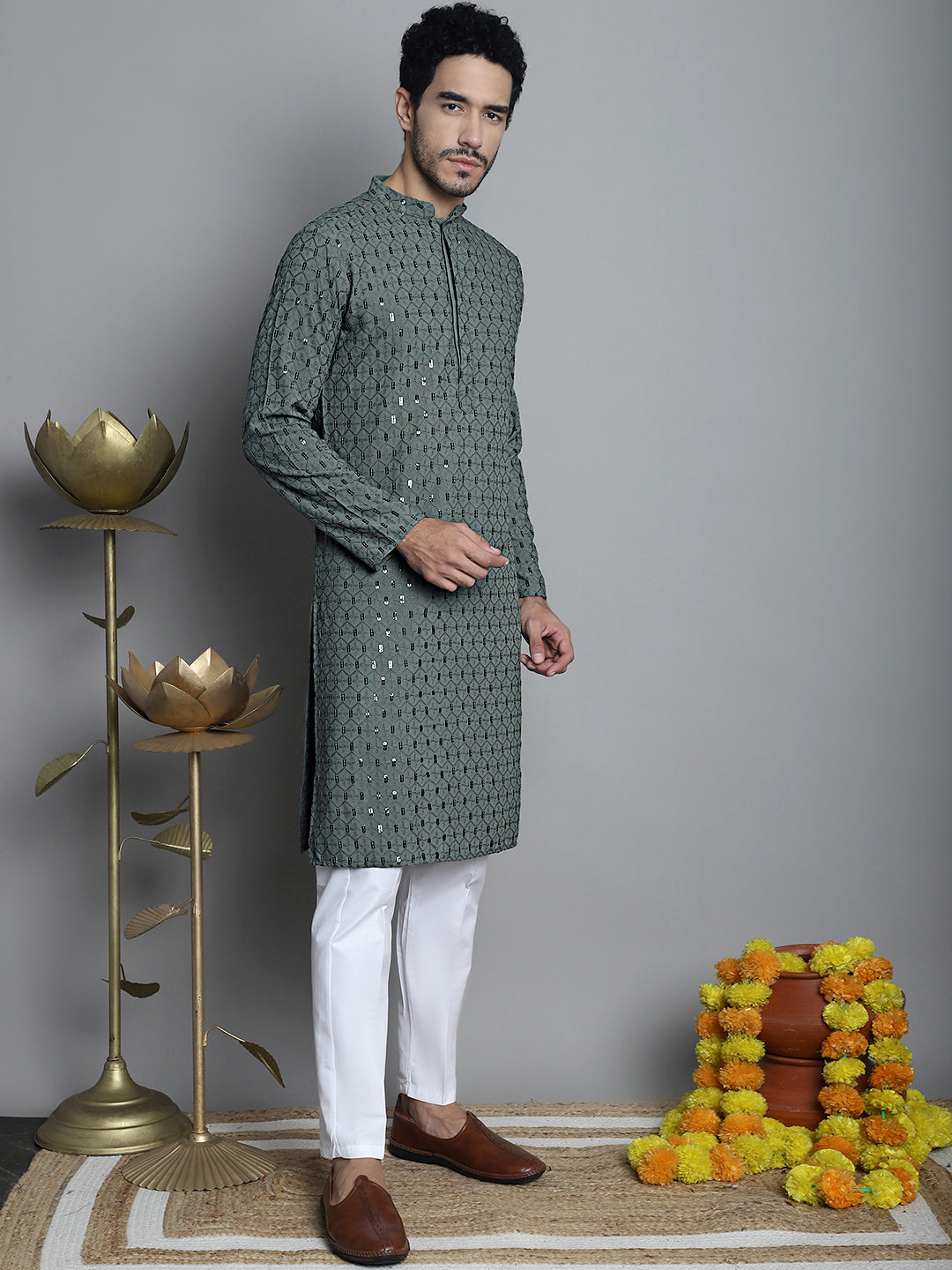Men's Chikankari Kurta - Embroidered Indian Kurta for Men