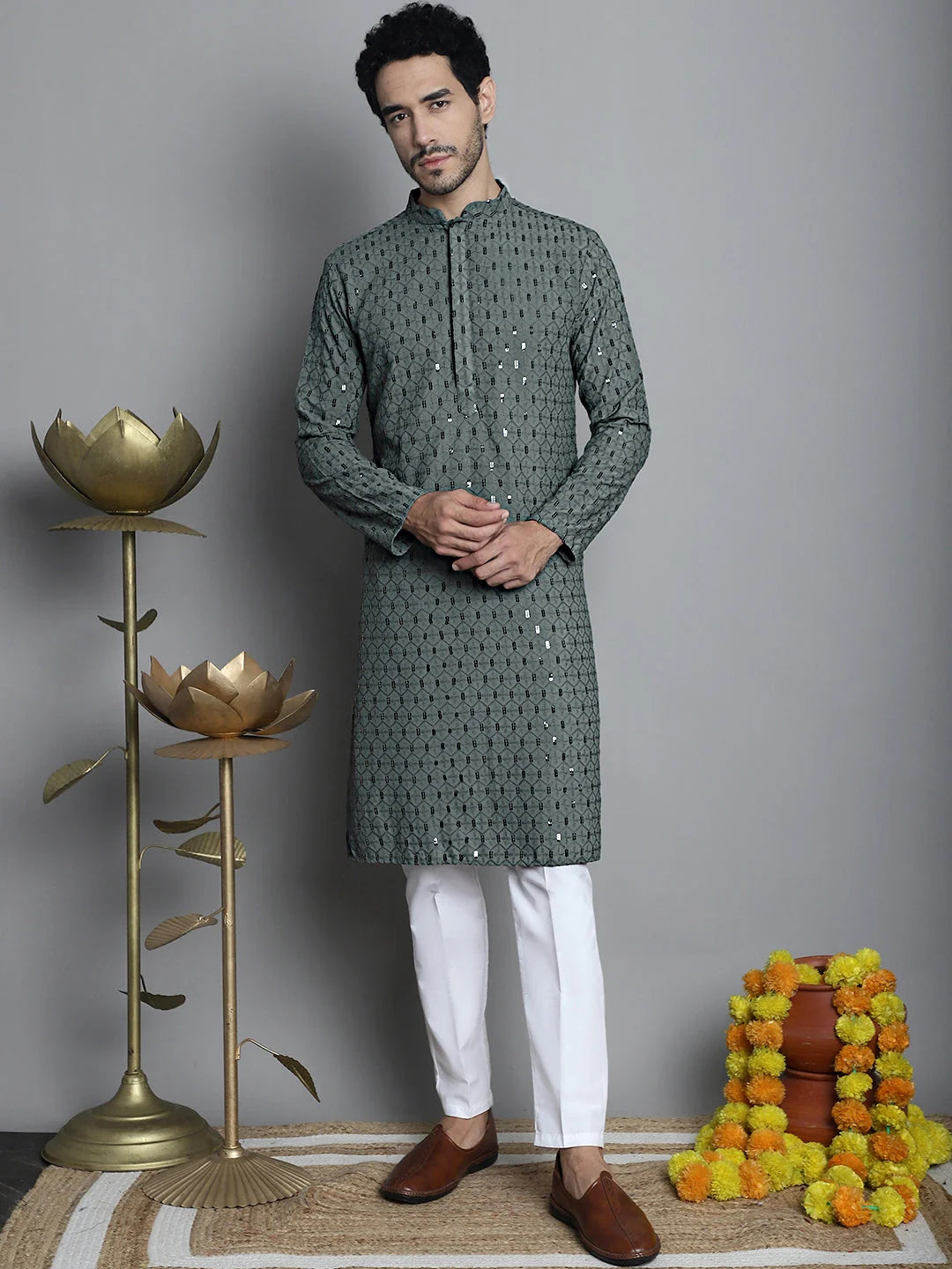 Men's Chikankari Kurta - Embroidered Indian Kurta for Men