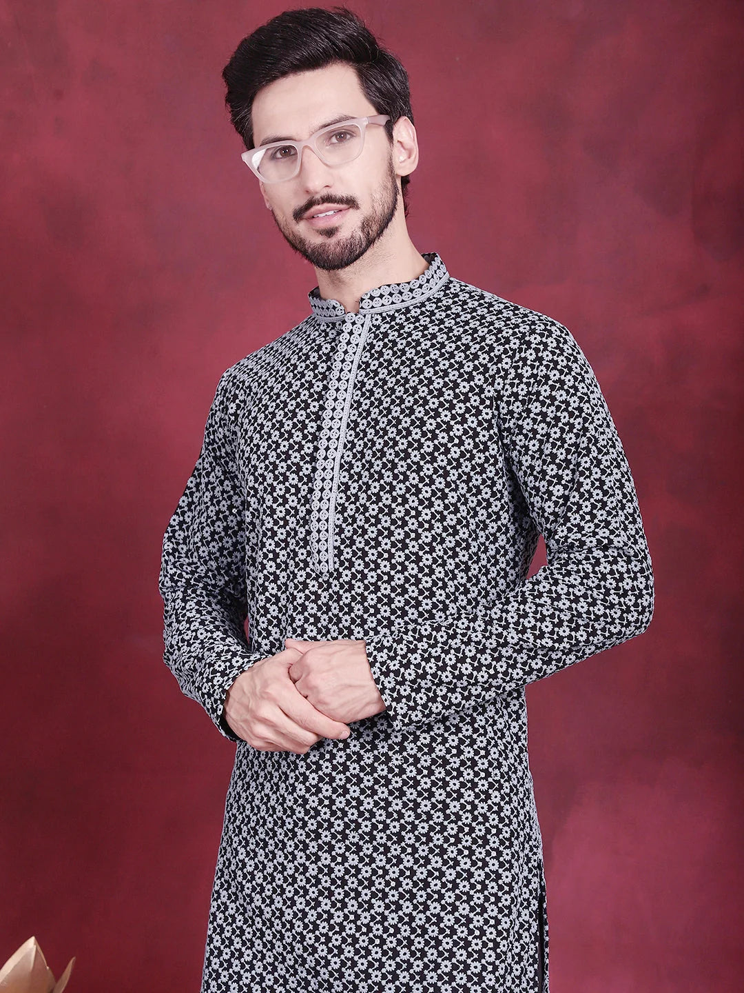 Men's Grey Sequins Embroidered Rayon Indian Kurta | KO 5013