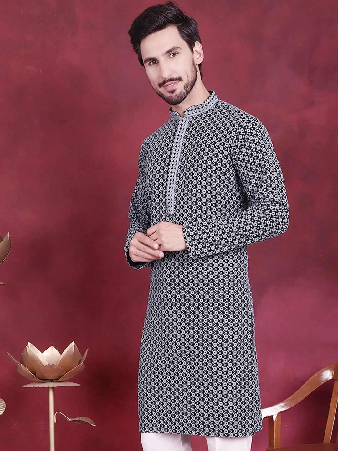 Men's Grey Sequins Embroidered Rayon Indian Kurta | KO 5013