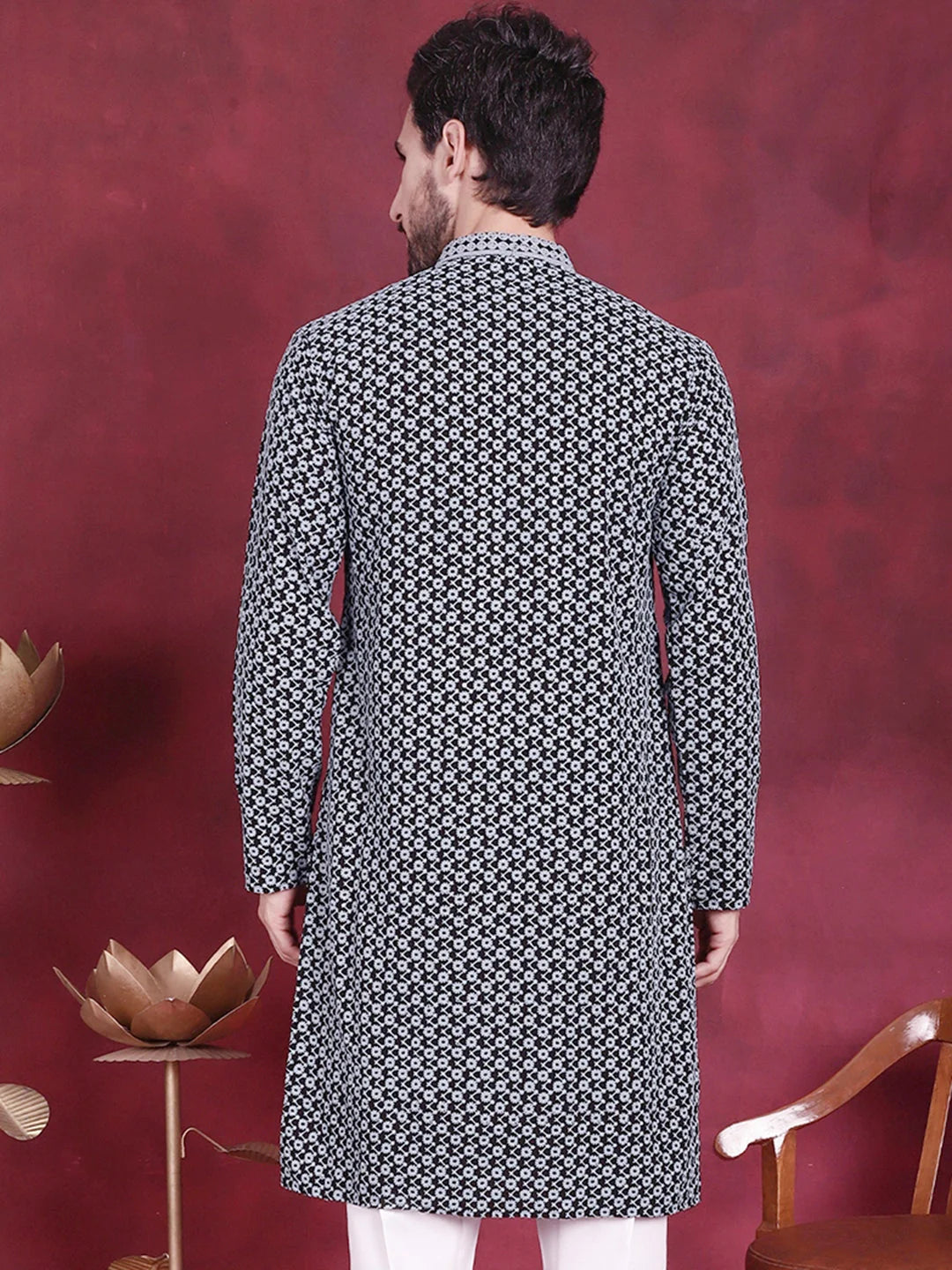 Men's Grey Sequins Embroidered Rayon Indian Kurta | KO 5013