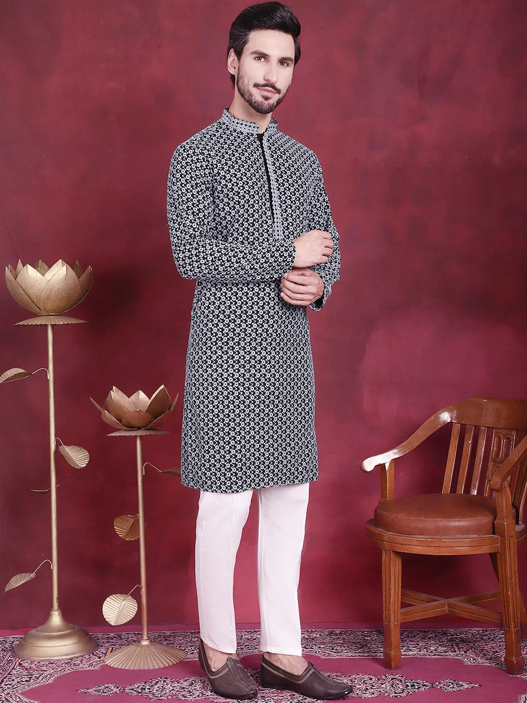 Men's Grey Sequins Embroidered Rayon Indian Kurta | KO 5013
