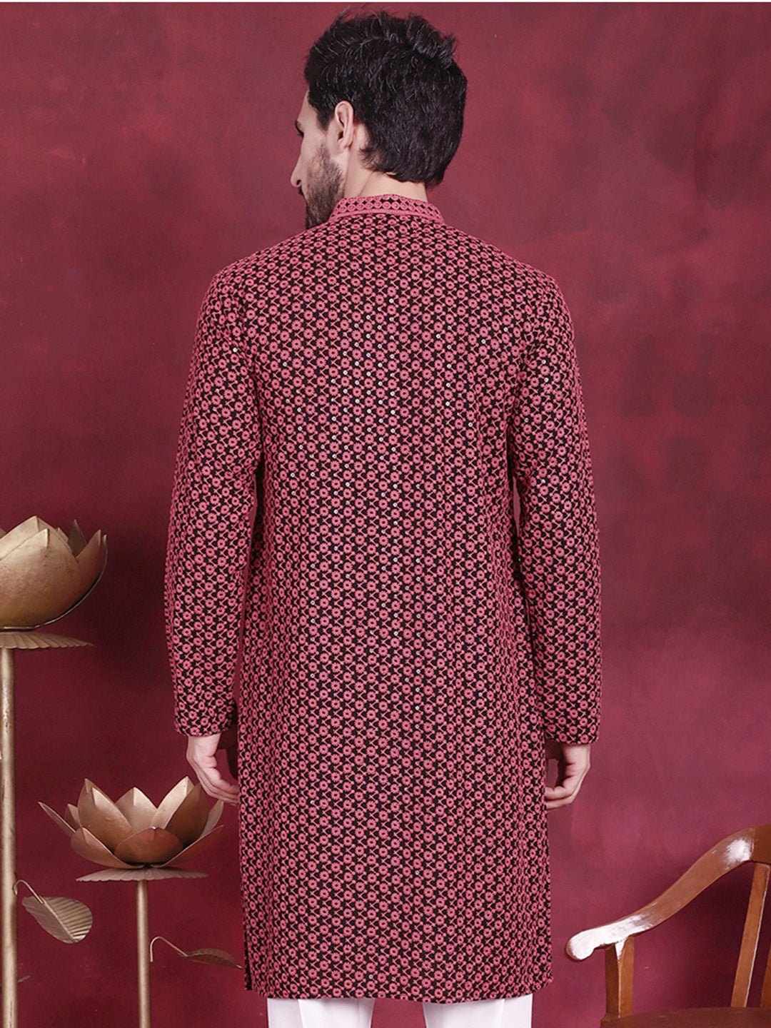 Men's Magenta Sequins Embroidered Rayon Indian Kurta | KO 5013