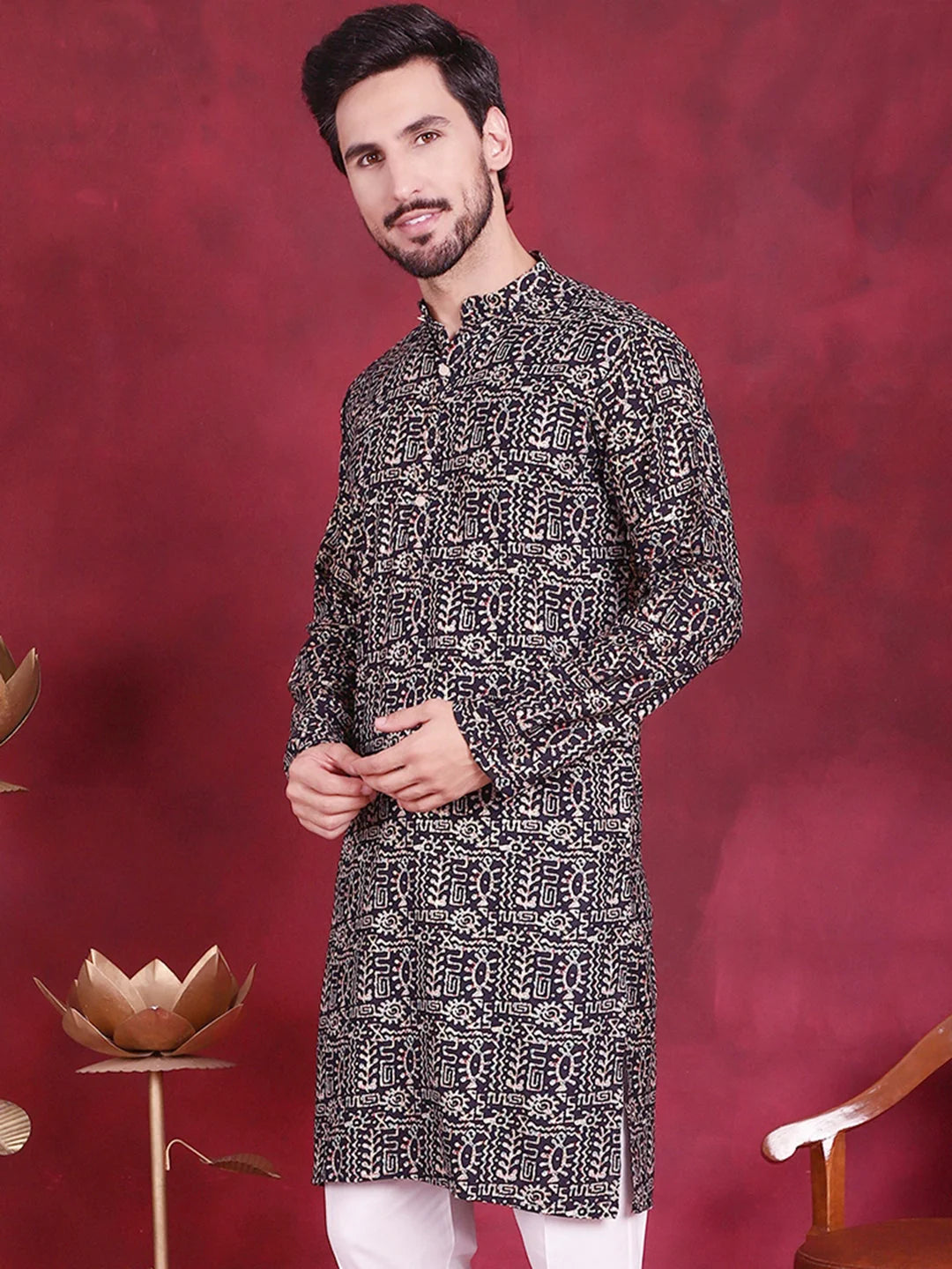 Navy Mens Kurta - Digital Printed Indian Kurta for Men