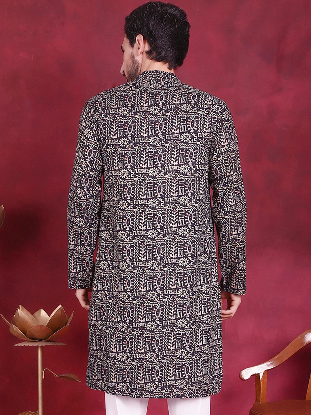 Navy Mens Kurta - Digital Printed Indian Kurta for Men