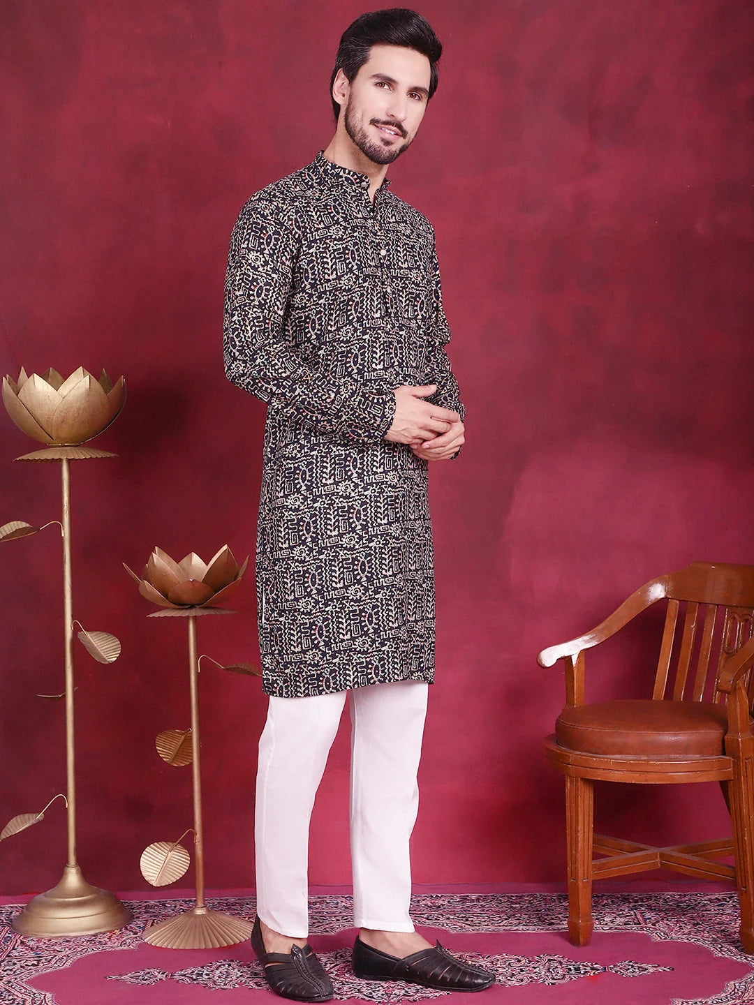 Navy Mens Kurta - Digital Printed Indian Kurta for Men
