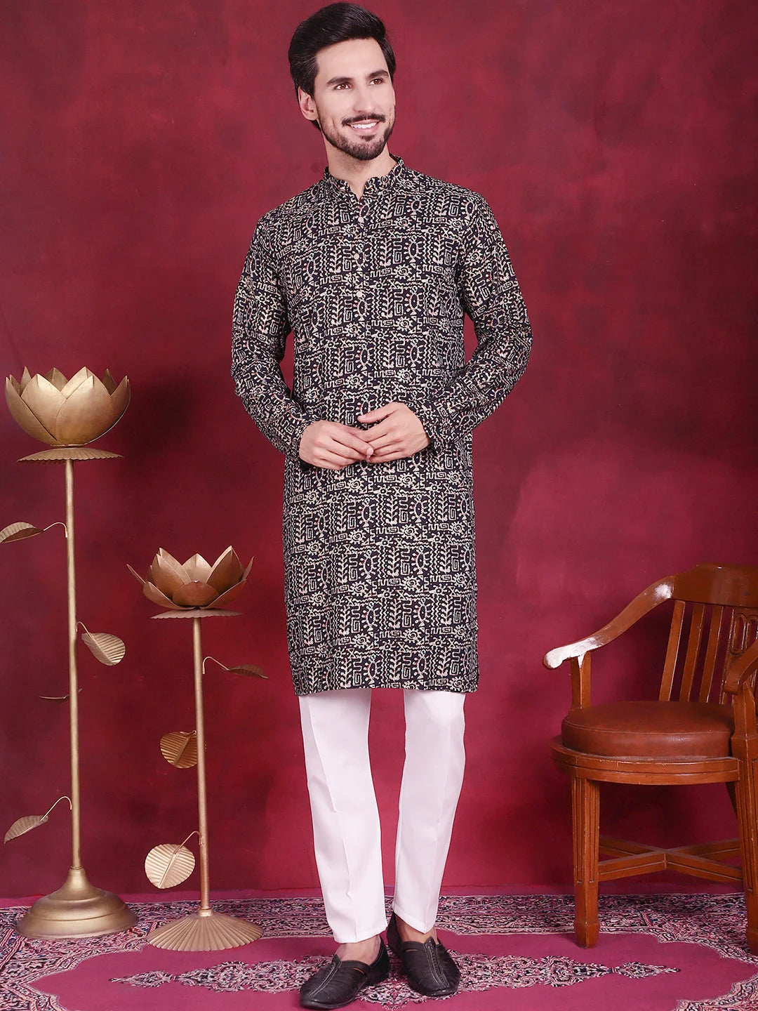 Navy Mens Kurta - Digital Printed Indian Kurta for Men