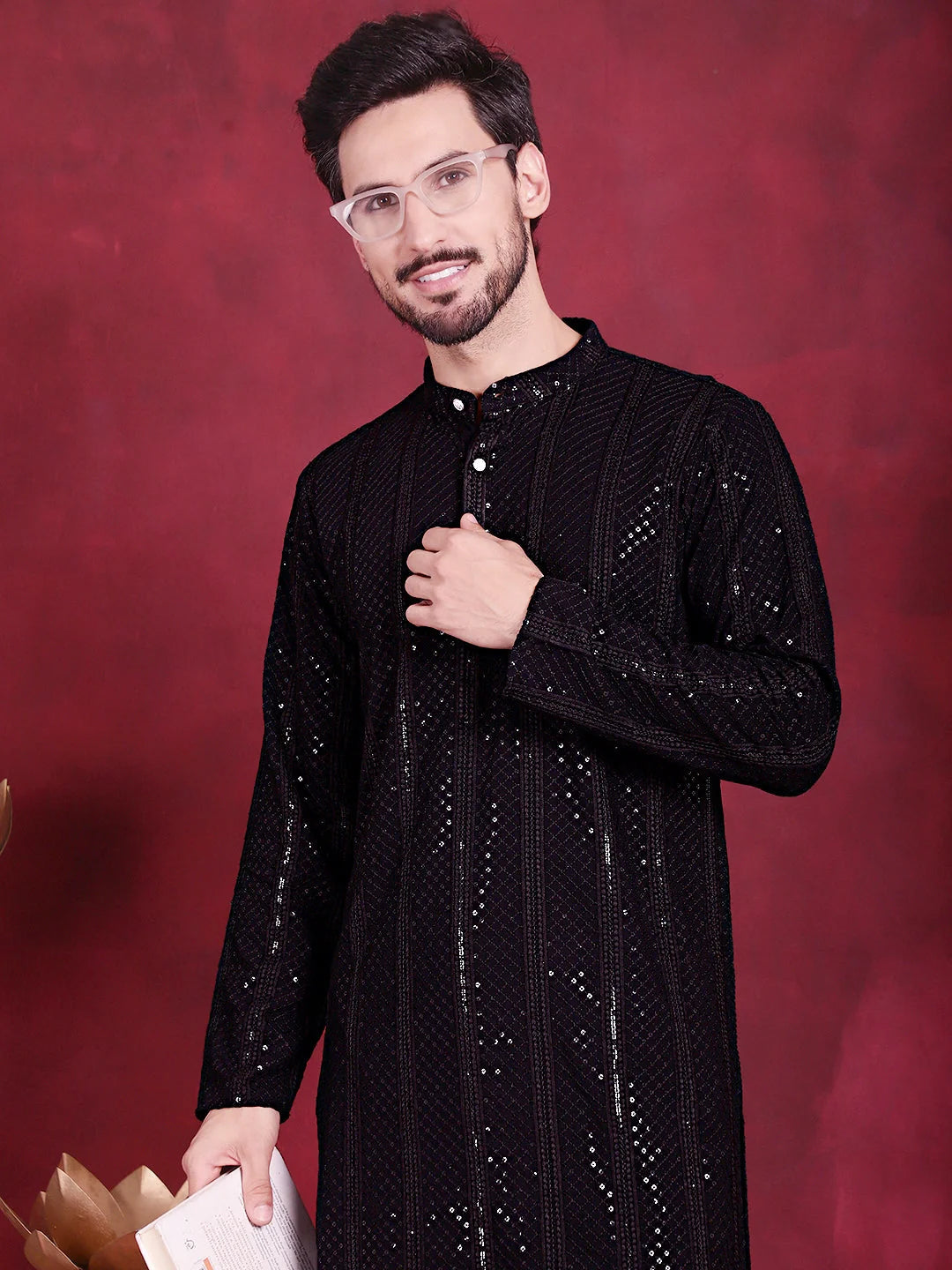 Black Sequins Chikankari Mens Kurta | Indian Kurta for Men