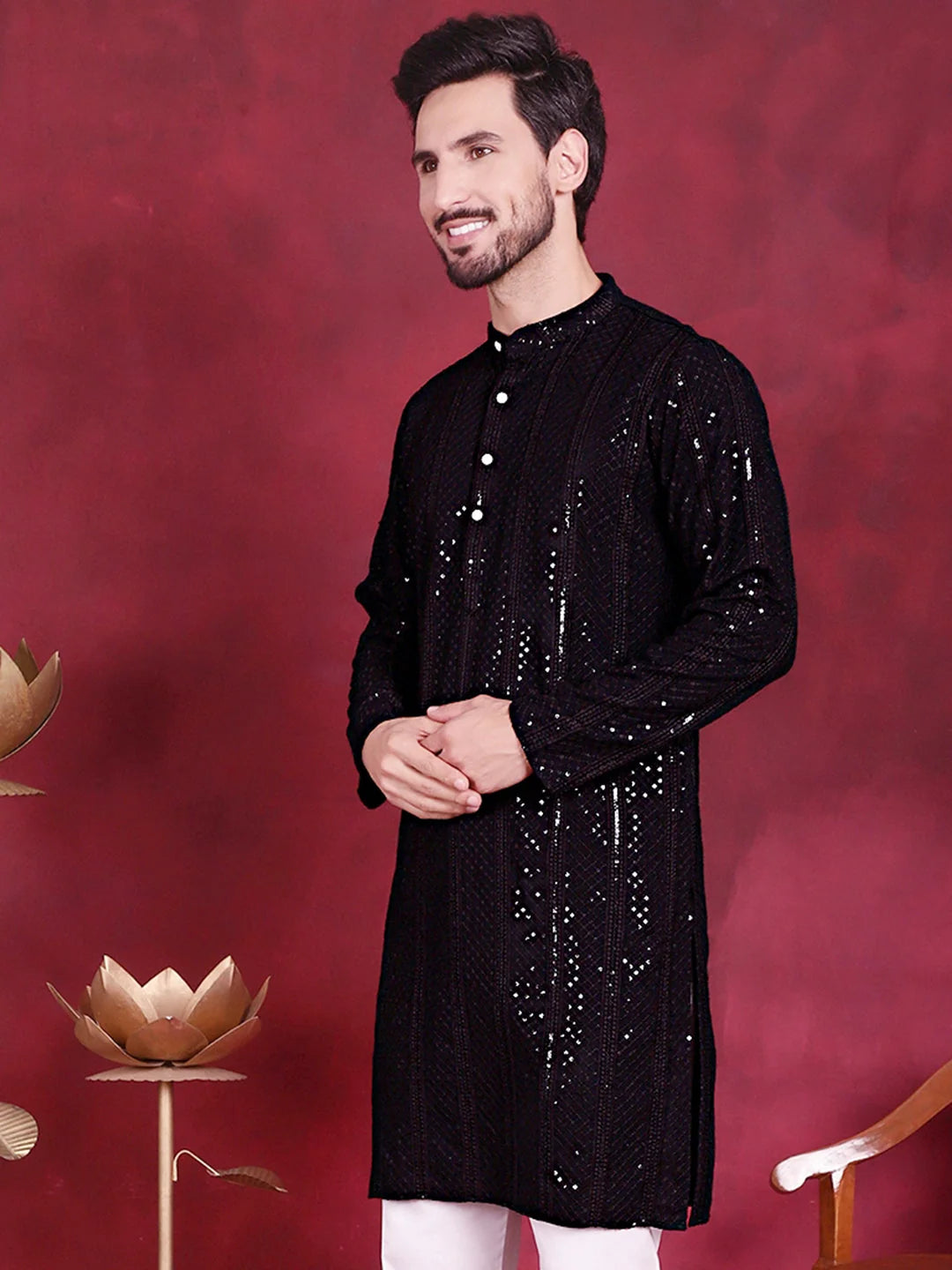 Black Sequins Chikankari Mens Kurta | Indian Kurta for Men